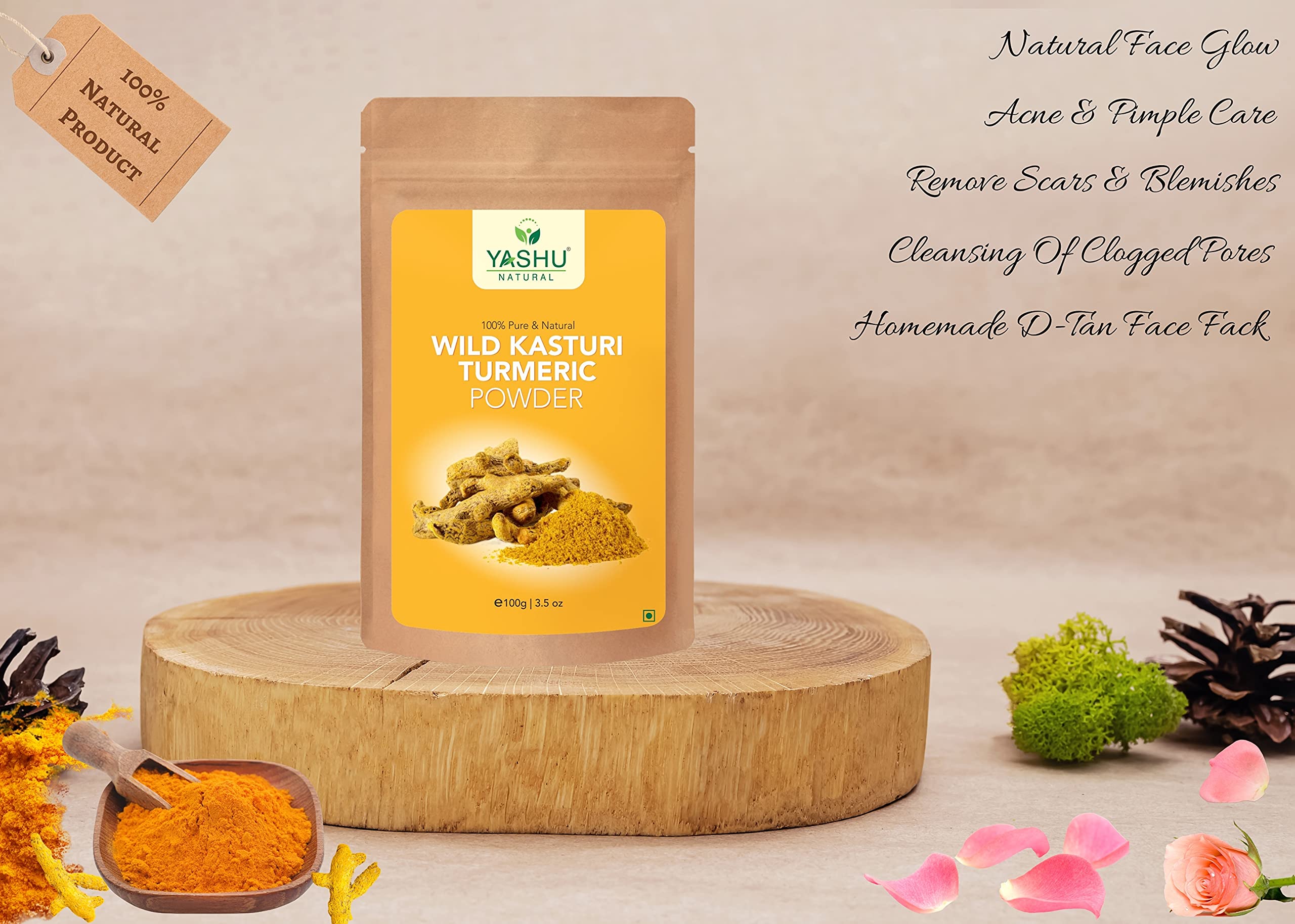 Pure Organic Kasturi Turmeric Powder for Face Brightening & Glowing Skin | Natural De-Tan Face Pack | Ayurvedic Skin Care for Dark Spots & Acne | Perfect for Daily Skincare Routine & Spa Treatments