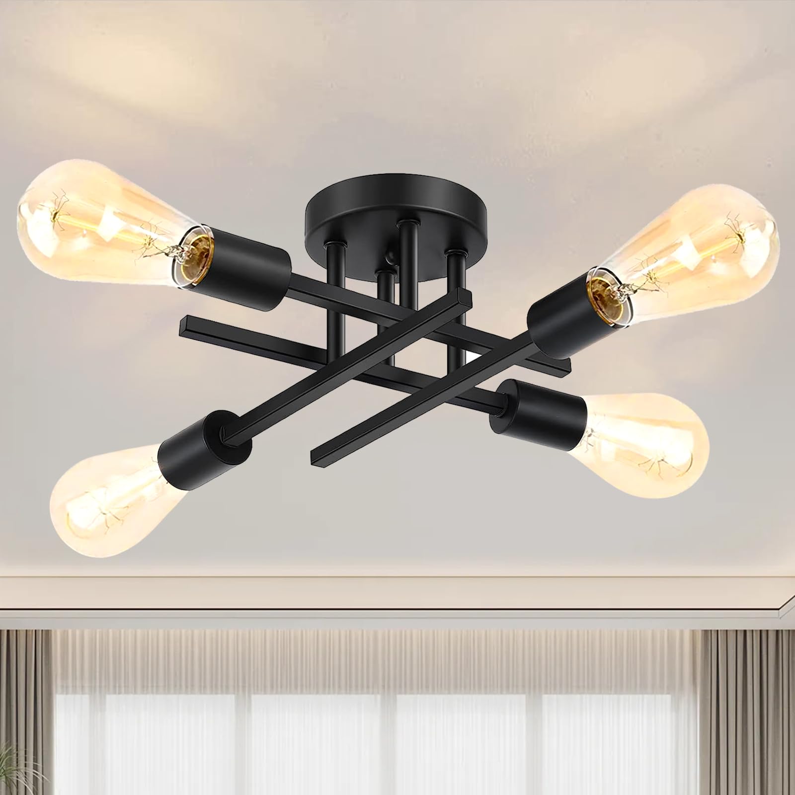4-Light Modern Ceiling Light Fixture - Black Sputnik Chandelier with Stable Structure, Semi Flush Mount for Dining Room & Kitchen, E26 Base | Perfect for Modern Home Decor, Restaurant Lighting & Office Spaces