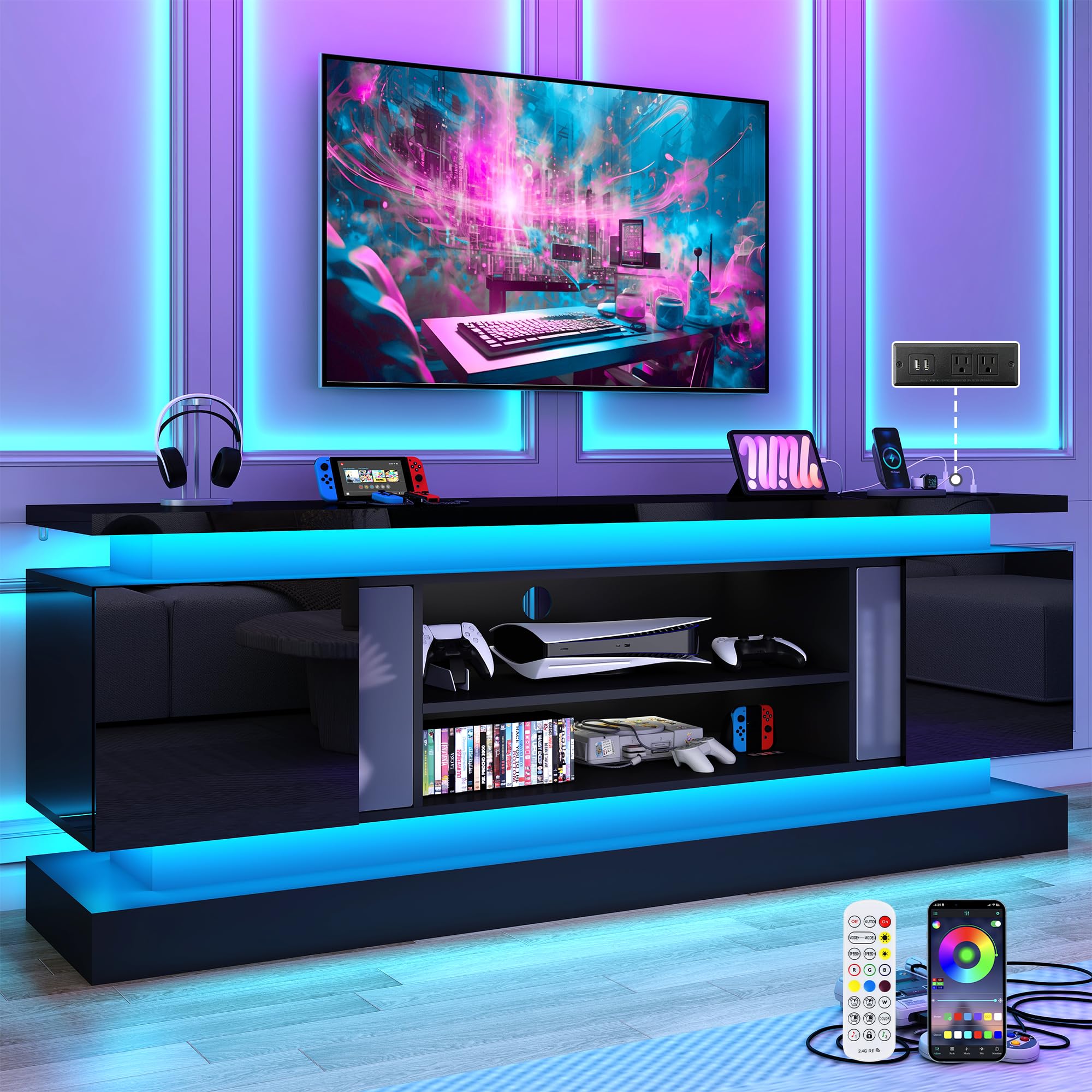 71IN Modern LED TV Stand with Power Outlet for 85/80/75 Inch TVs - High Glossy Gaming Entertainment Center with 2 Storage Cabinets & Dual LED Light Strips - Perfect for Living Room, Bedroom & Home Theater Setup (Black)