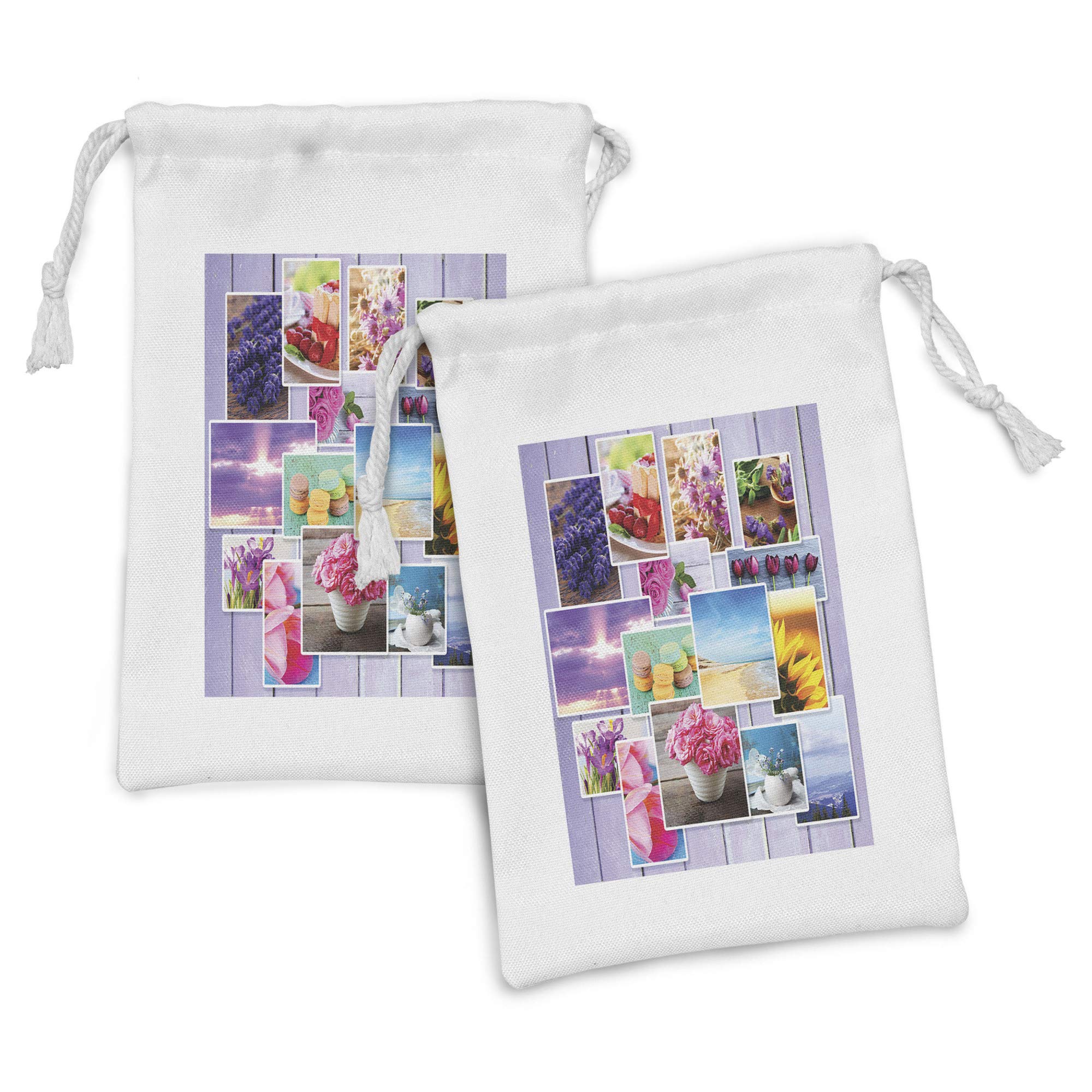 Ambesonne 2-Pack Colorful Fabric Drawstring Pouches - Floral Macaron Pastry & Beach Photo Collage Design, 9