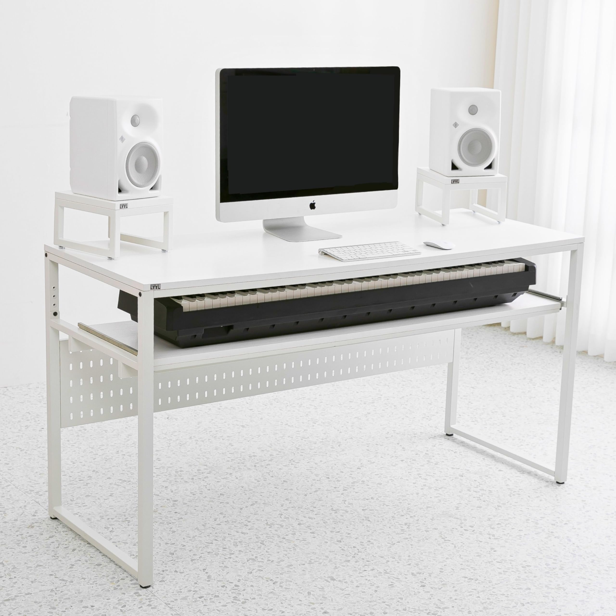 Professional Music Studio Desk with Keyboard Tray - Fits Full 88 Key & 61 Key Digital Pianos (White) - Perfect for Home Recording Studios, Music Production & Piano Practice - Includes Cable Management & Optional Speaker Stands
