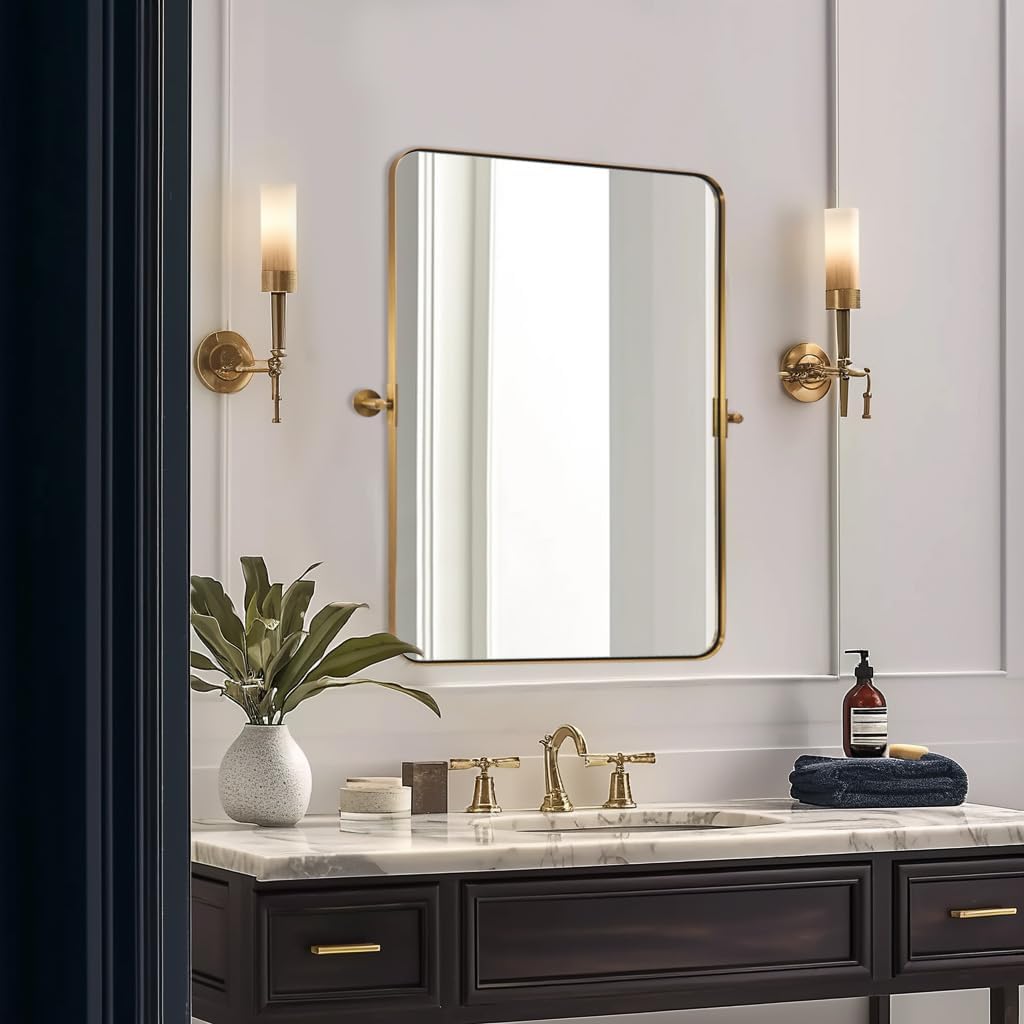 ANDY STAR 22x34 Inch Brushed Gold Pivot Mirror - Rectangle Bathroom Wall Mirror with Brass Metal Frame & Rounded Corners - Vertical Hanging Only - Perfect for Vanity, Powder Room & Bedroom Decor