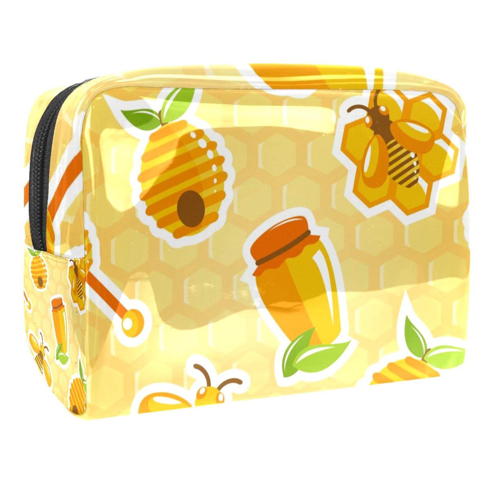 Premium PVC Honeycomb Bee-Themed Travel Makeup Bag - Portable Cosmetic Case with Brush Holder | Cute Cartoon Animal Design for Makeup Organizer & Storage | Perfect for Travel, Gym & Daily Use