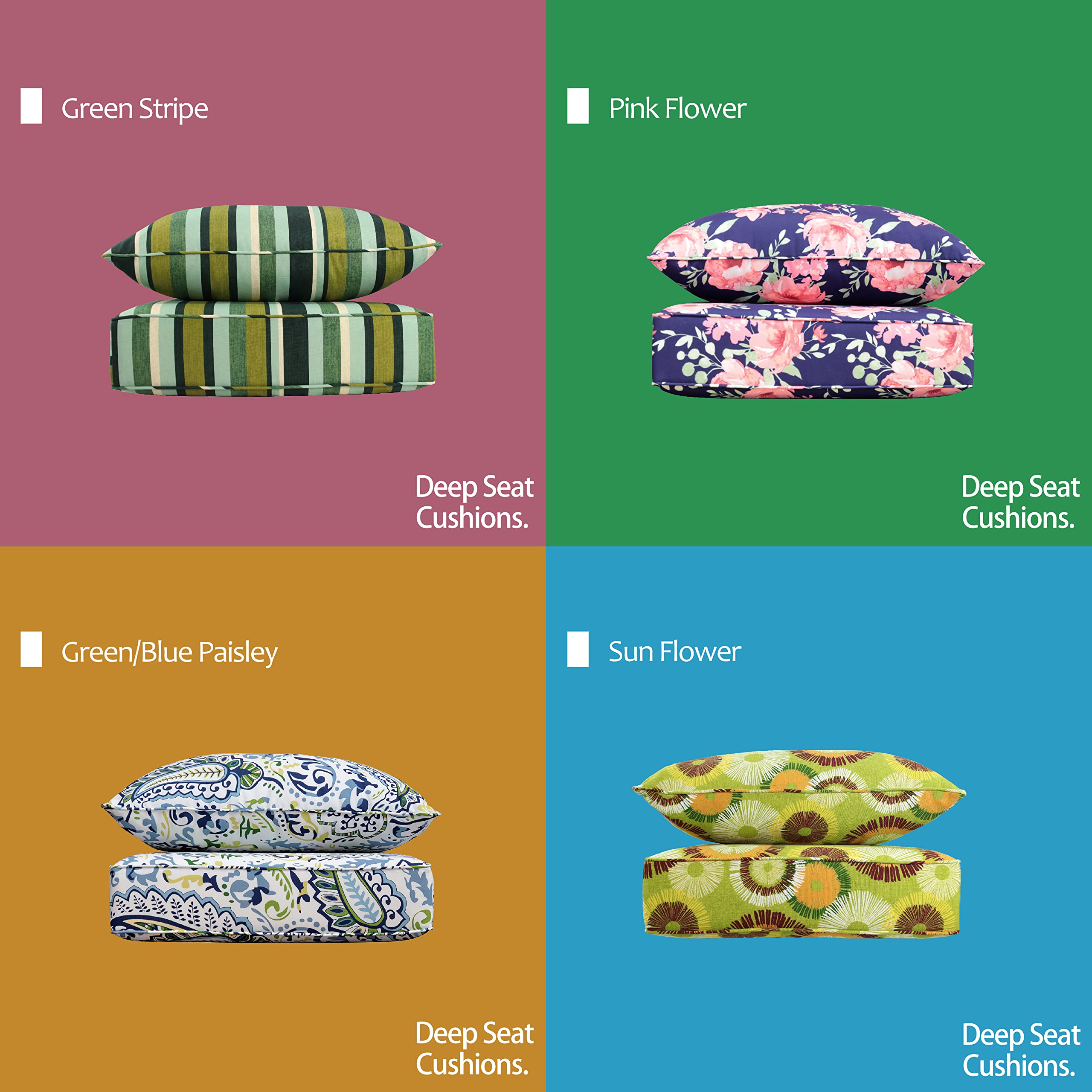 BOSSIMA Indoor Outdoor Deep Seat Chair Cushion Set - Spring Summer Seasonal Replacement Cushions in Green Blue Paisley Pattern - Perfect for Patio, Deck, Porch & Living Room Furniture