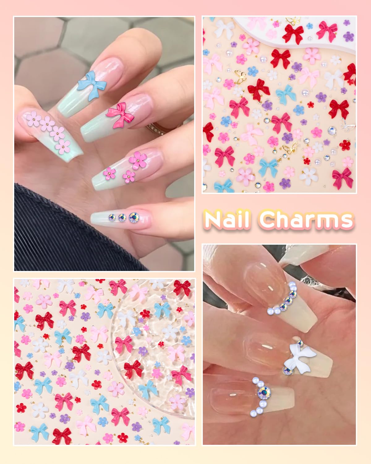 2 Boxes Flower Bow Nail Charms Set - Colorful Floral Nail Bows, Half Round Pearl Flatback AB Nail Gems for DIY Acrylic Nail Art | Perfect for Nail Salon, Home Manicure & Party Nail Designs