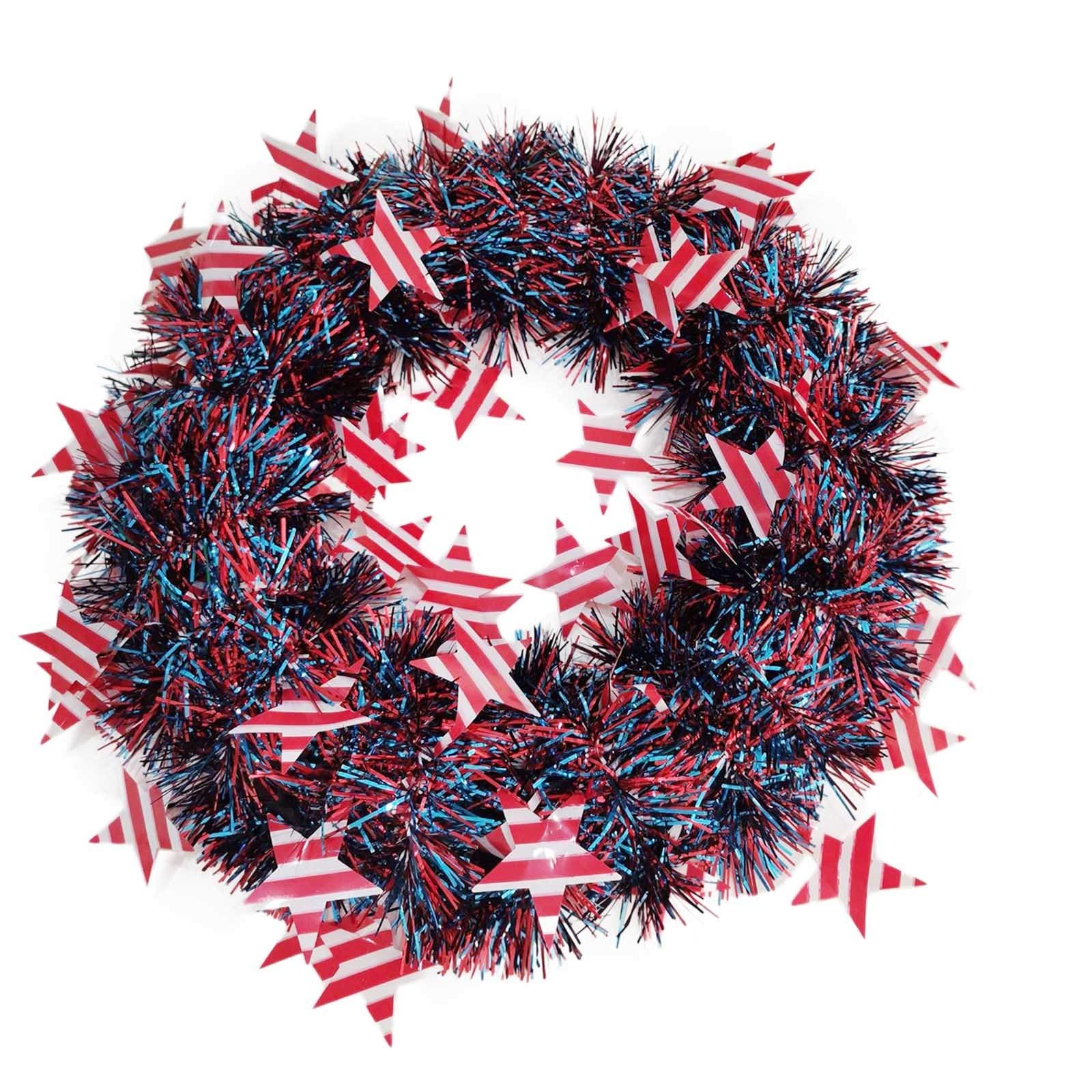 LOFVOSTE Patriotic Wreath for Front Door - Red White & Blue Burlap Flag with Daisy Stars & Tinsel - Perfect for 4th of July, Veterans Day, Memorial Day & Patriotic Home Decor