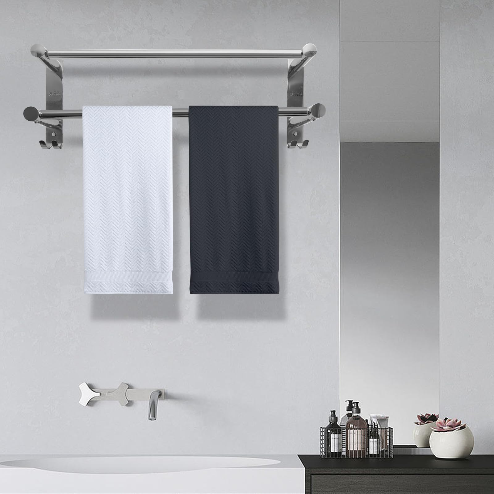 Stainless Steel Adjustable Double Towel Bar & Rack for Bathroom - 17-30 Inch Wall Mounted Towel Holder, Perfect for Bathrooms, Showers, and Spas