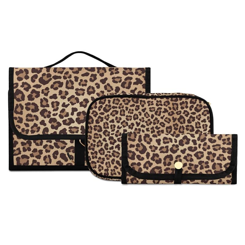 **MNSRUU Leopard Print Hanging Toiletry Bag Set - 3 PCS Travel Makeup Organizer with Clear Compartments | Waterproof Cosmetic Storage for Women, Gym, Vacation & Business Trips**
