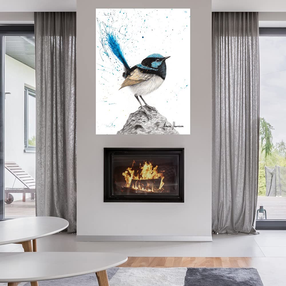 Blue Wren Fine Art Canvas Wall Decor by Ashvin Harrison - 24x32 Inch Ready to Hang Painting for Living Room, Bedroom, Office - Nature Inspired Home Decor & Gift Idea for Bird Lovers