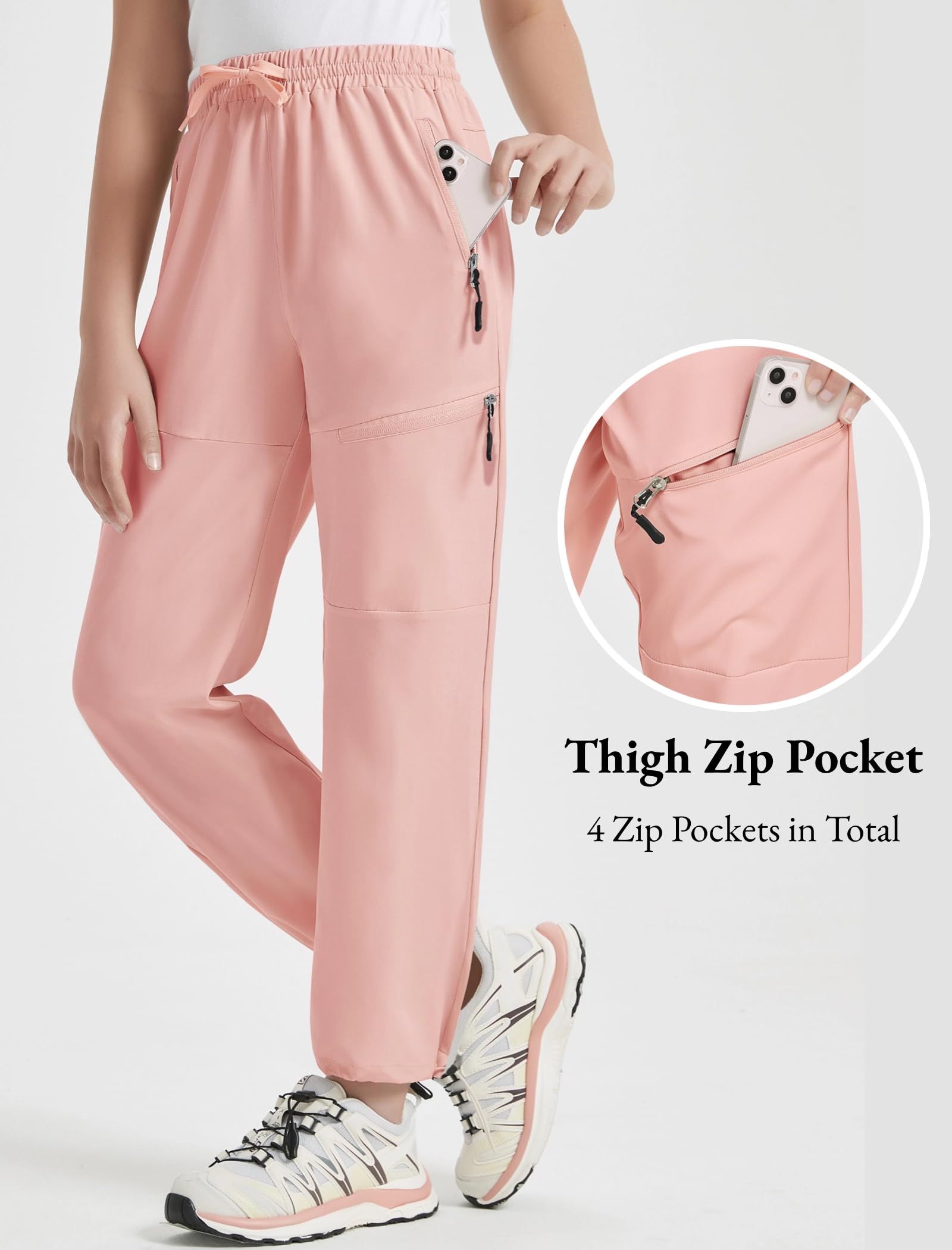 EXARUS Girls Water Resistant Joggers - Quick Dry Hiking Pants with Zip Pockets, High Waisted Athletic Pants for Kids 6-14 Years - Perfect for Outdoor Adventures, School Sports & Casual Wear