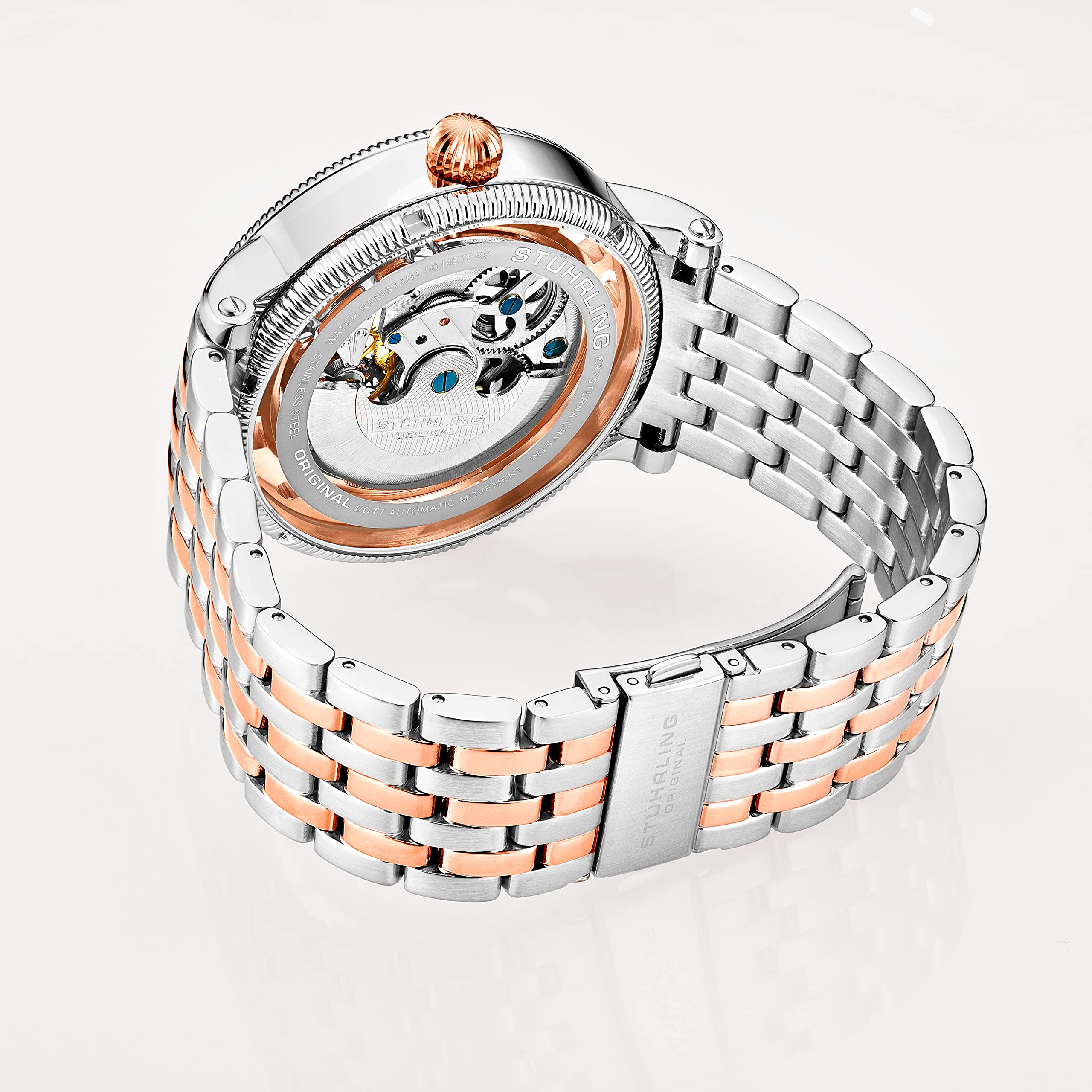 Stuhrling Original Men's Automatic Skeleton Watch - Silver Stainless Steel Bracelet, Dual Time, AM/PM Sun Moon Display - 3922 Collection | Perfect for Business, Formal Events & Luxury Gifts
