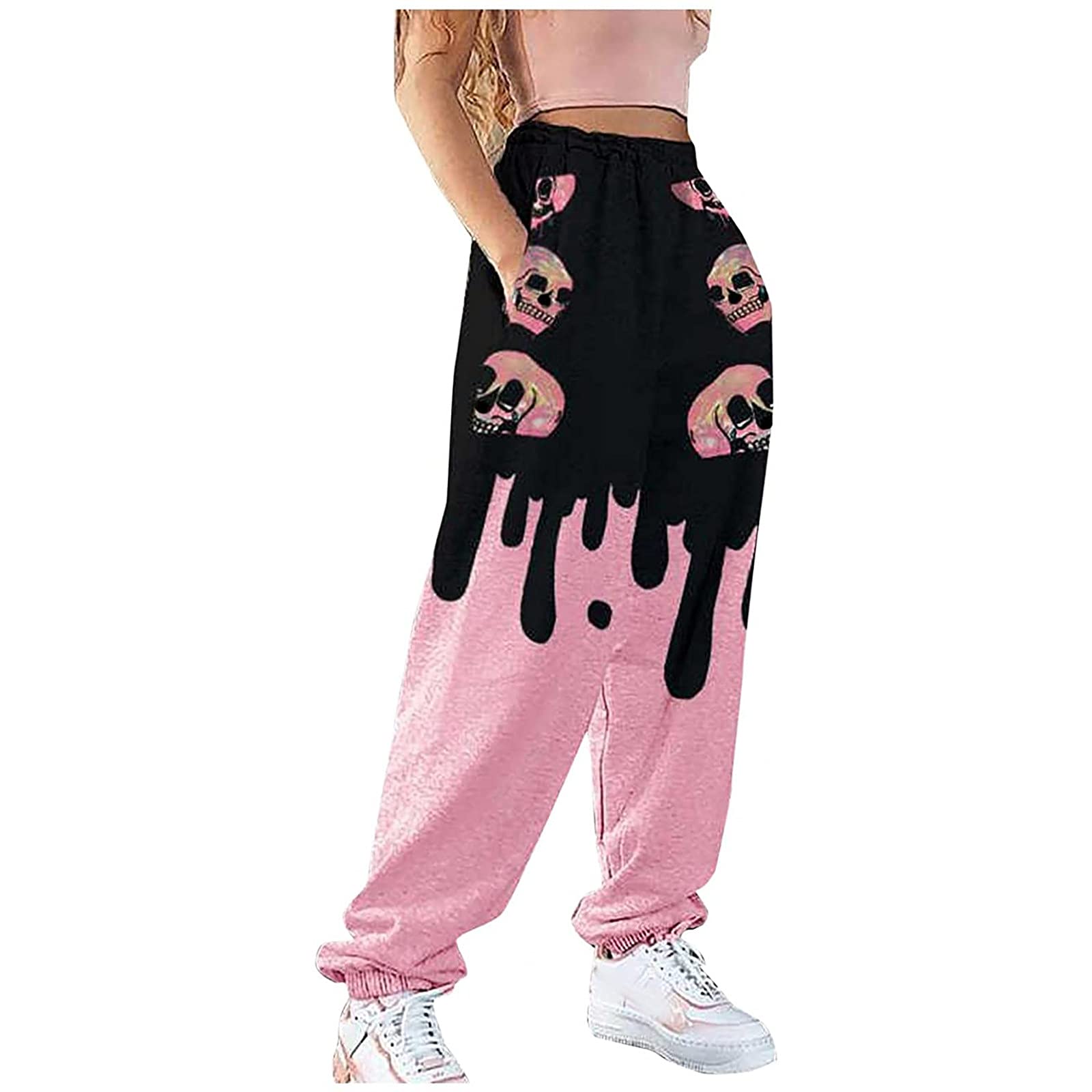 Y2K Skull Print Sweatpants for Women - High Waist Baggy Joggers with Drawstring | Gothic Halloween Pants | Dark Academia & Streetwear Fashion | Perfect for Casual Outfits, Halloween Costumes and Trendy Street Style