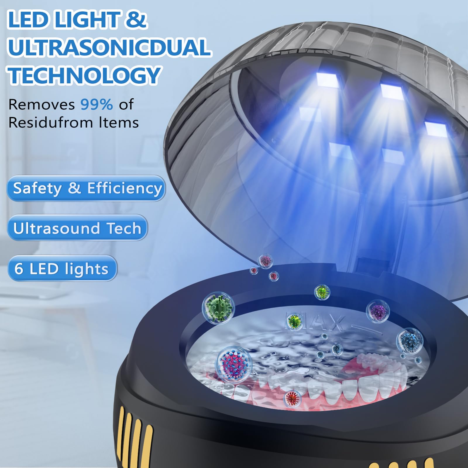 Ultrasonic Jewelry & Denture Cleaner Machine 45Khz with 6 LED Lights, Digital Timer & 4 Time Modes - Portable Retainer, Ring, Necklace, Watch Cleaner for Home, Travel & Dental Care