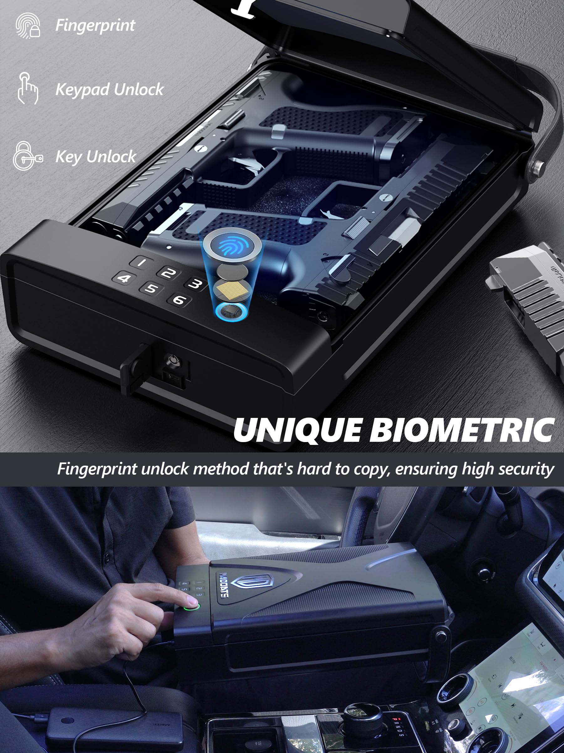 Portable Car Gun Safe - Biometric Fingerprint & Keypad Lock Box for Pistols with Security Cable | Vehicle, Home & Travel Use for Handgun Storage & Safety
