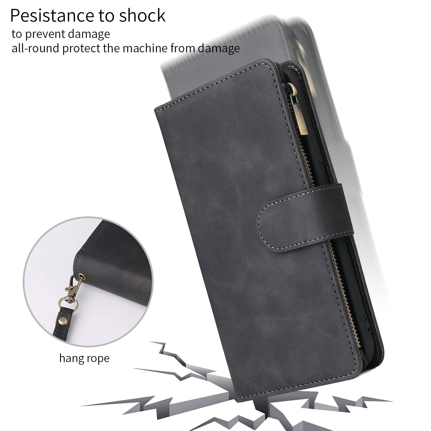Google Pixel 6 Pro Magnetic Leather Wallet Case with Card Holder & Hand Strap - Shockproof Flip Cover with Zipper Pocket & Stand Feature - Perfect for Everyday Use, Travel & Business (Black)