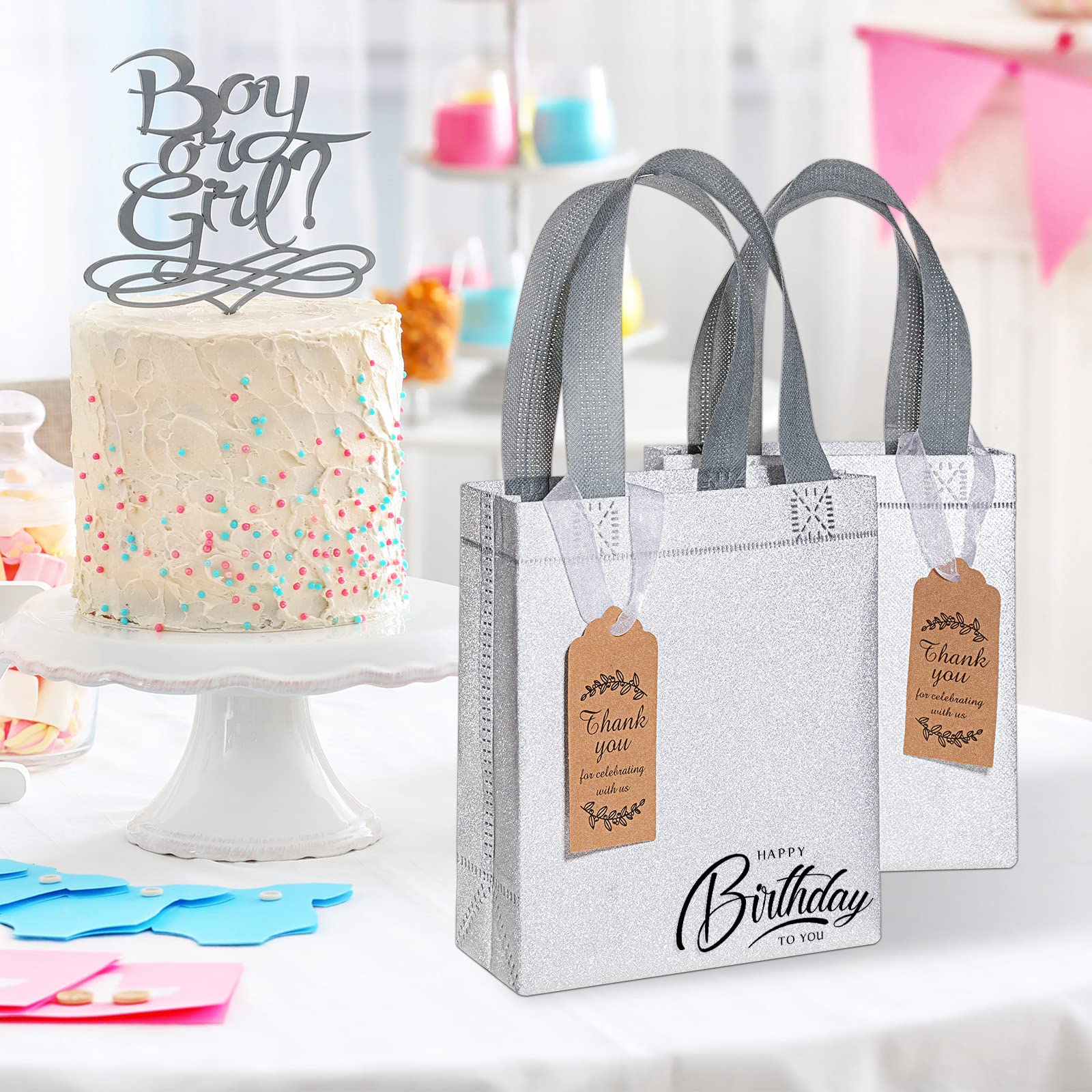 48 Pack Silver Glitter Wedding Favor Bags with Handles - 6.5x3.1x7.8 Inch Reusable Non-Woven Tote Gift Bags for Wedding, Bridal Shower, Birthday Party, Holiday & Special Events - Elegant Party Favors & Goodie Bags
