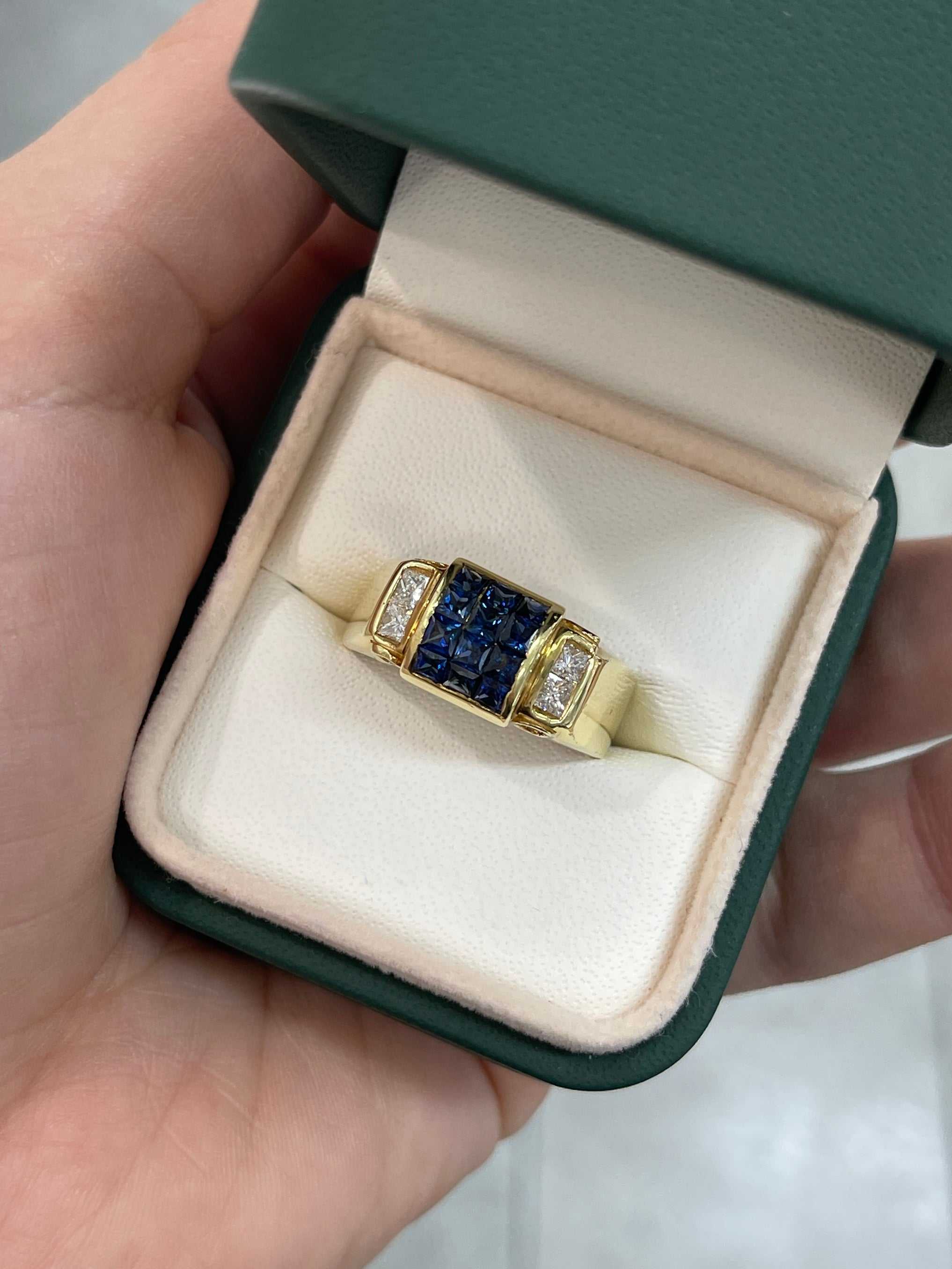 2.0tcw Square Blue Sapphire & Diamond Men's Ring in 18K Gold - Elegant Jewelry for Weddings, Anniversaries & Special Occasions