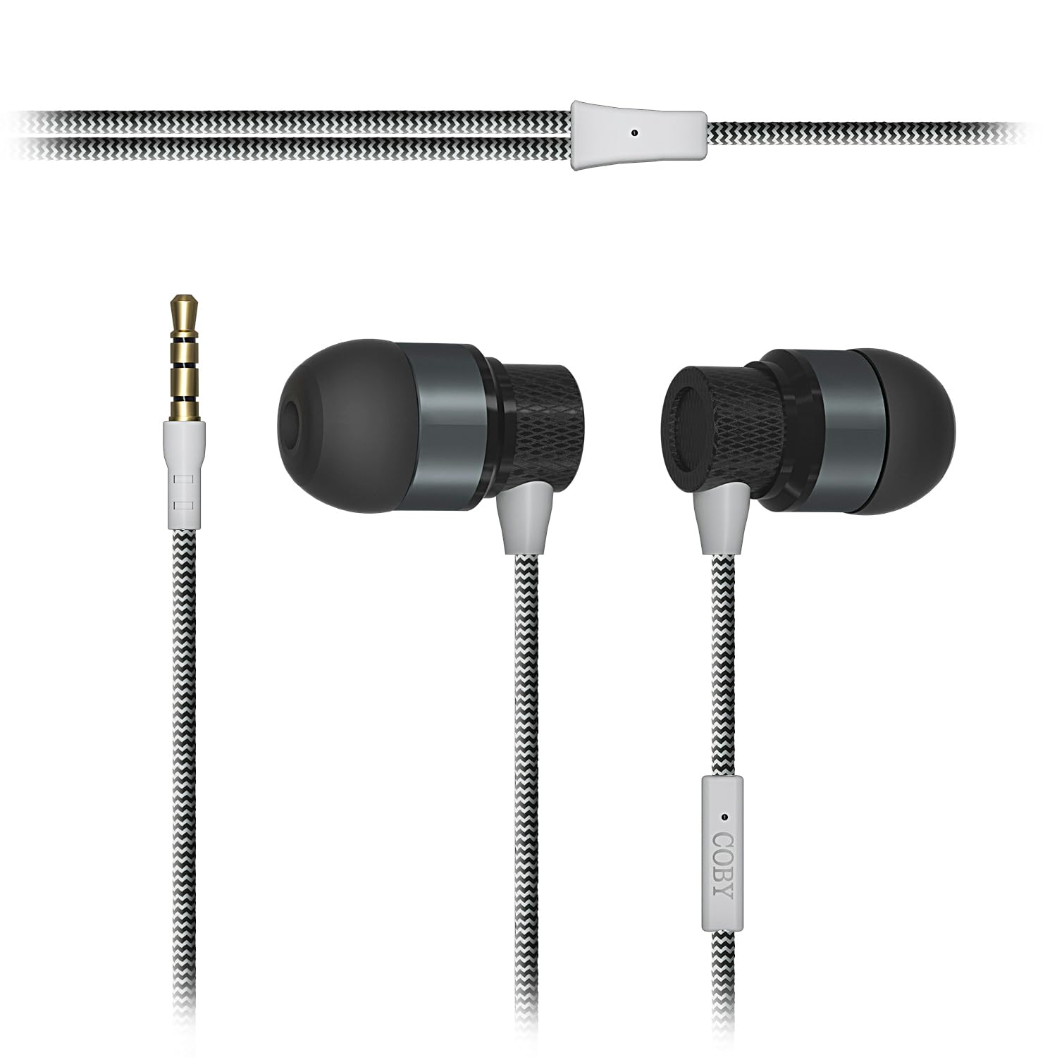 Premium Coby Metal Wired Earbuds with Built-in Mic & Noise Cancellation - Tangle-Free Braided AUX Headphones with 3-Pair Ear Gels (S/M/L) in Black - Perfect for Commuting, Workouts & Gaming
