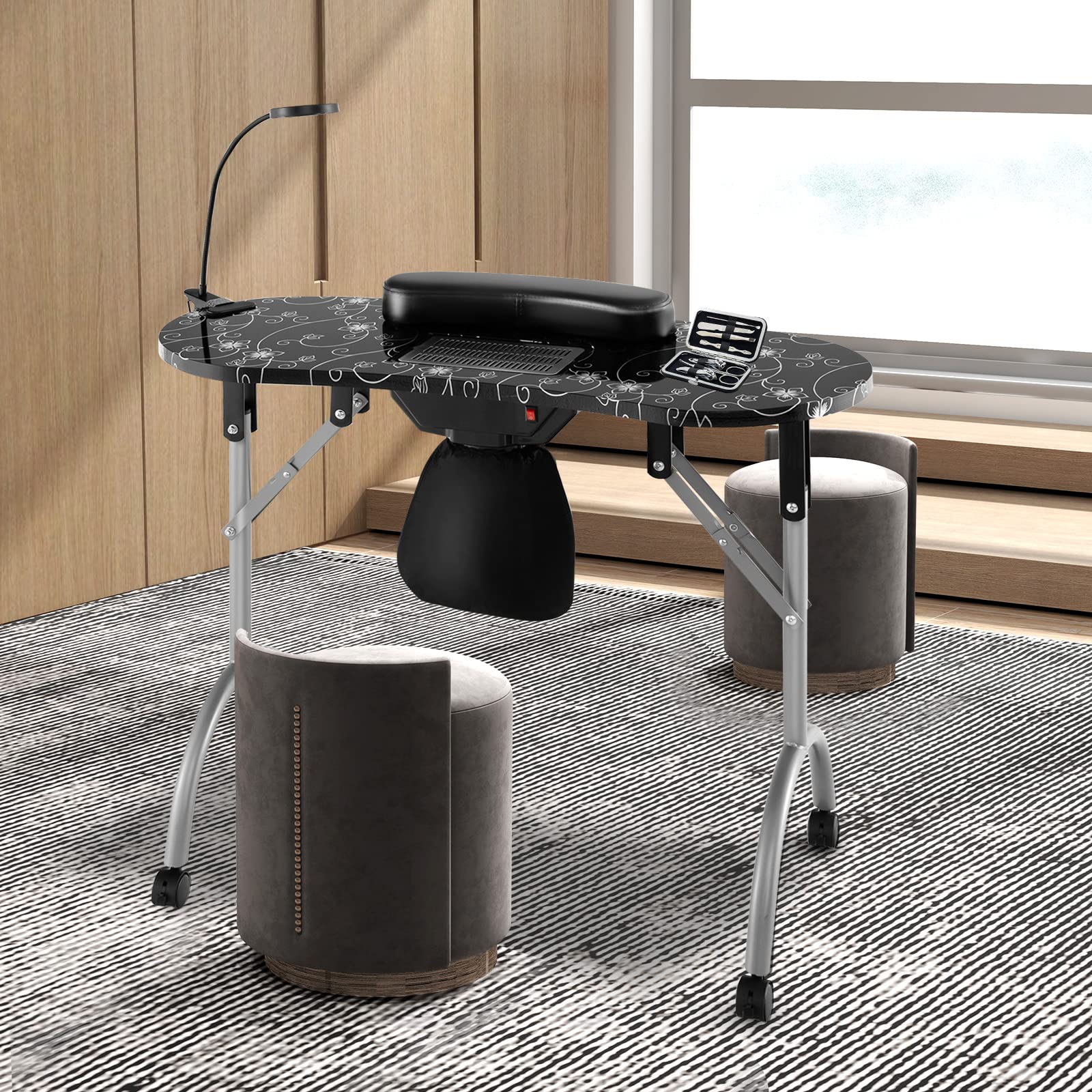Giantex Professional Portable Nail Table for Manicurists - Electric Dust Collector, USB LED Lamp, Wrist Rest & 4 Lockable Wheels - Foldable Nail Tech Desk with Carry Bag (Black) | Perfect for Salon, Home Use & Mobile Nail Services