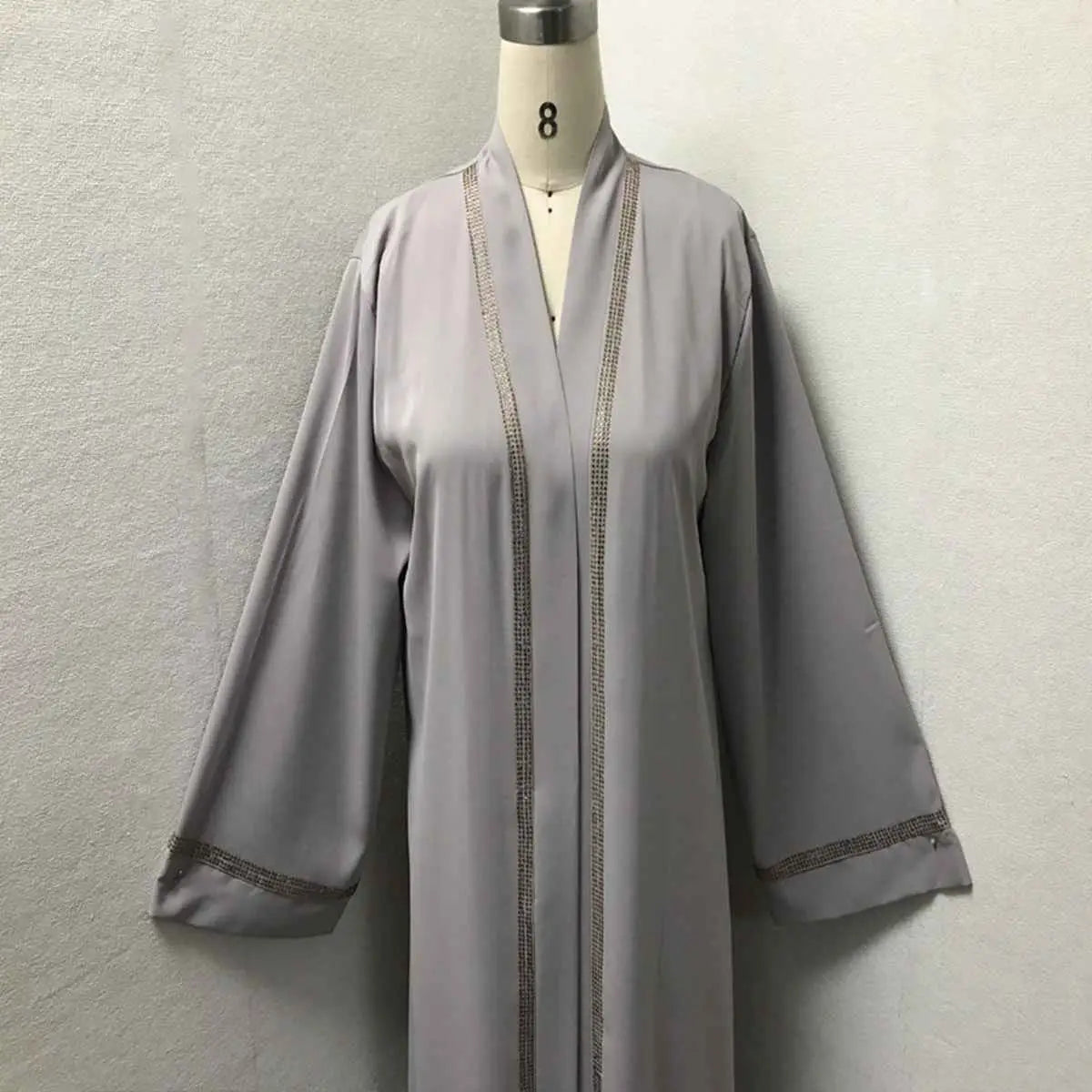 Hotfix Rhinestone Trim Muslim Women's Cardigan Open Abaya Dress - Elegant Islamic Fashion for Prayer, Wedding & Special Occasions