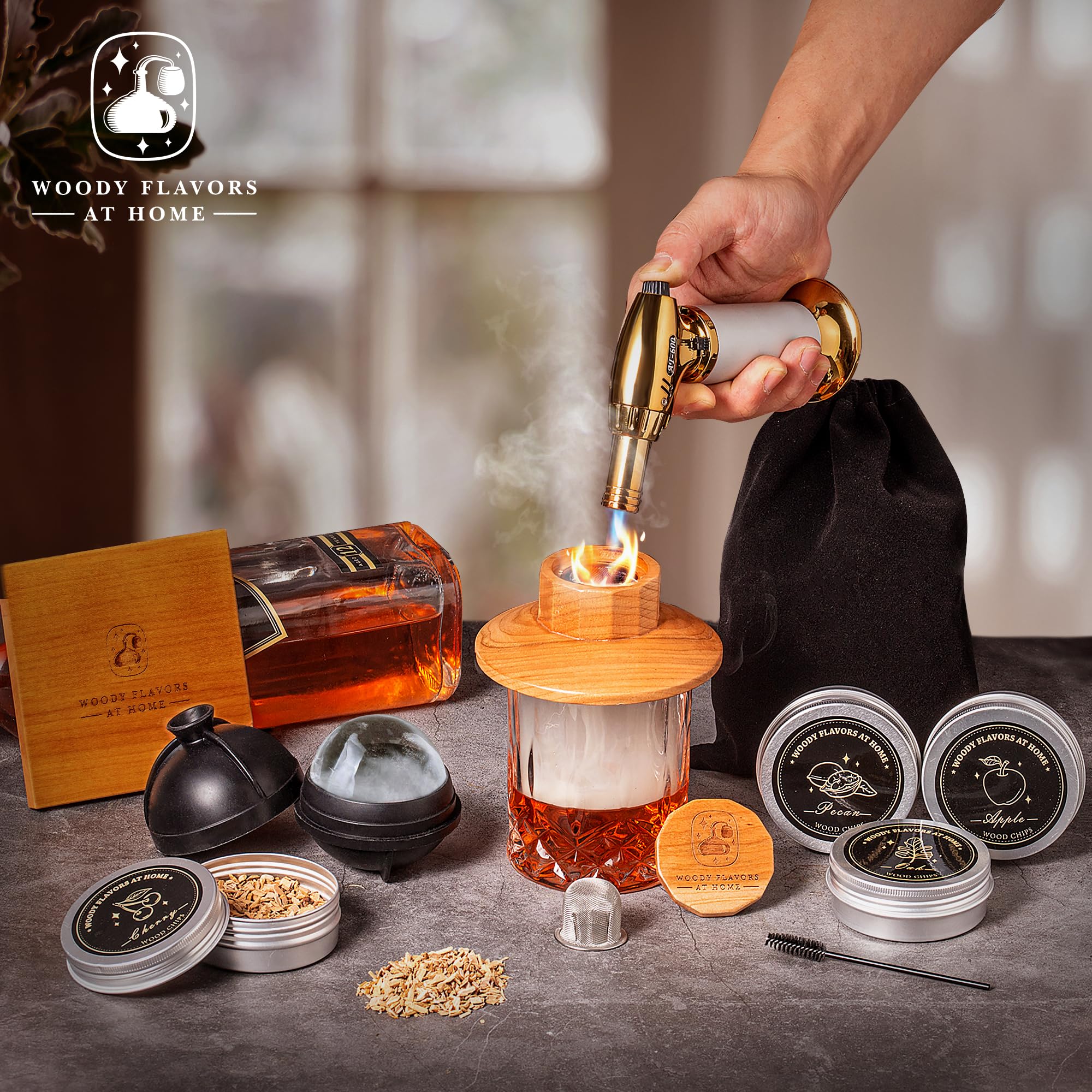 Premium Old Fashioned Cocktail Smoker Kit - Whiskey & Bourbon Smoking Set with Cherry Wood Chips, Culinary Torch, Ice Spheres, 2 Coasters & 2 Glasses - Perfect for Home Bars, Cocktail Parties & Gift Giving
