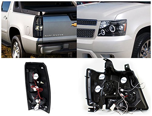 Glossy Black Halo Projector Headlights & Smoked LED Tail Lights for Chevy Avalanche 2007-2013 - Upgrade Your Truck's Style & Night Visibility | Perfect for Off-Roading & Night Driving