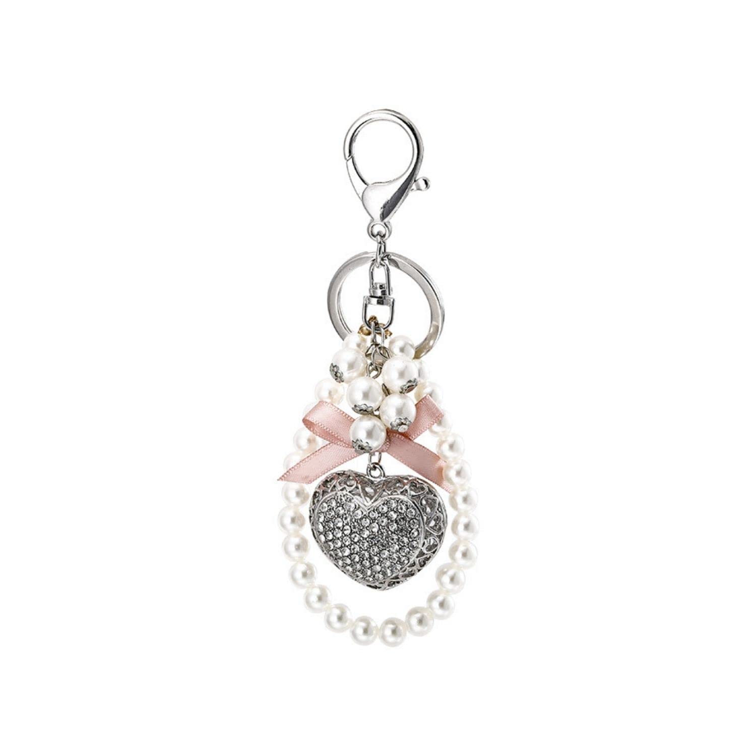 Fuqimanman2020 Elegant Crystal Heart Keychain with Rhinestone Bow & Pearl Accents - Perfect Valentine's Day Jewelry Gift for Her | Romantic Present, Anniversary Keepsake, Purse Accessory