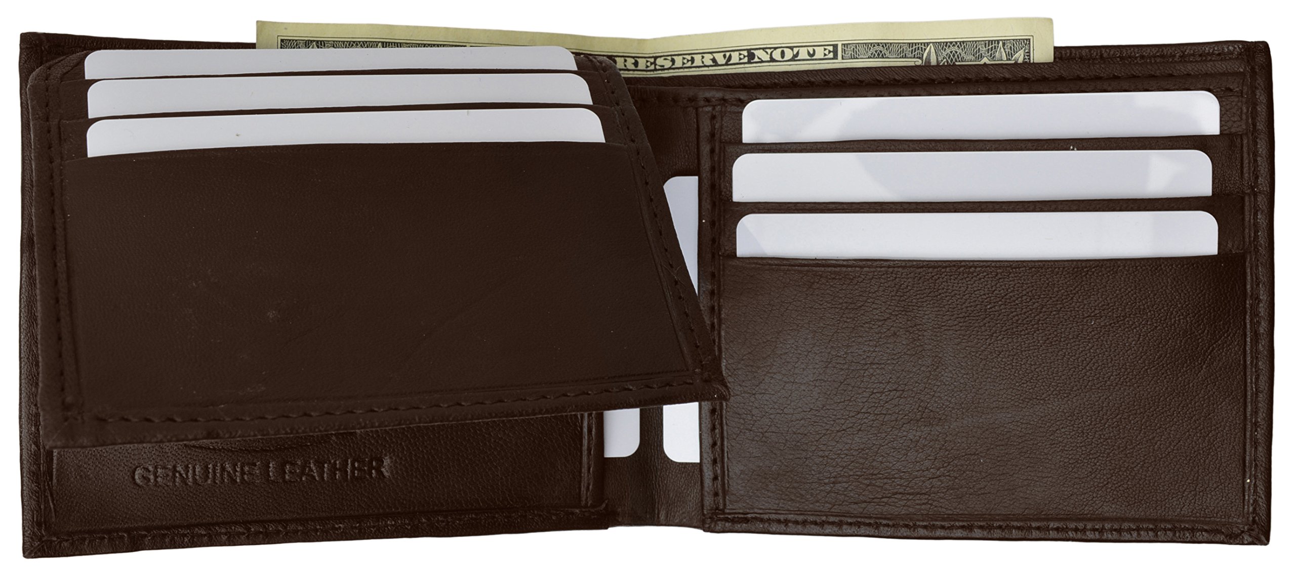 Genuine Leather Men's Bi-Fold Wallet with Fixed Flip-Up ID Window - Brown | Slim RFID Blocking Wallet for Everyday Carry & Travel