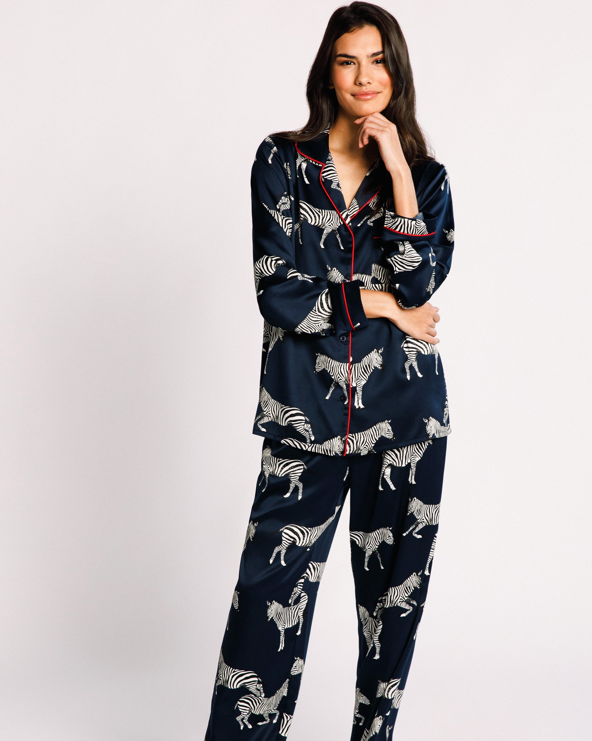Satin Zebra Print Long Pajama Set for Women - Soft & Comfortable Sleepwear - Navy Blue - Perfect for Lounging, Sleepovers & Relaxing at Home