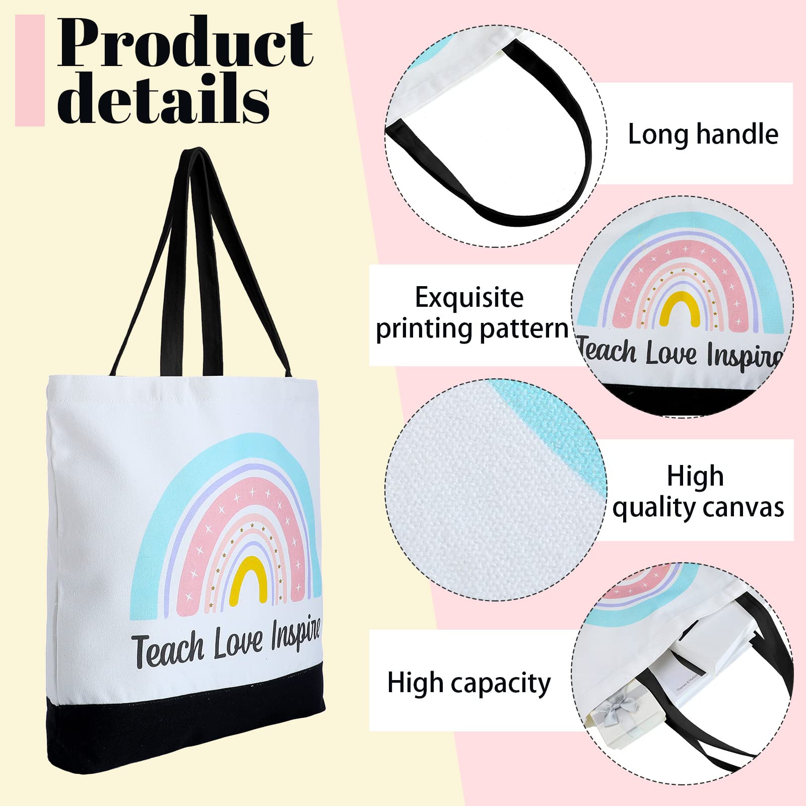 Jutom 2 Pack Teacher Tote Bags - Canvas Reusable Teacher Appreciation Gifts with Inspirational Quotes (Love, Teach, Inspire) - Rainbow Design for Women - Perfect for School, Work, Grocery Shopping & Beach Day