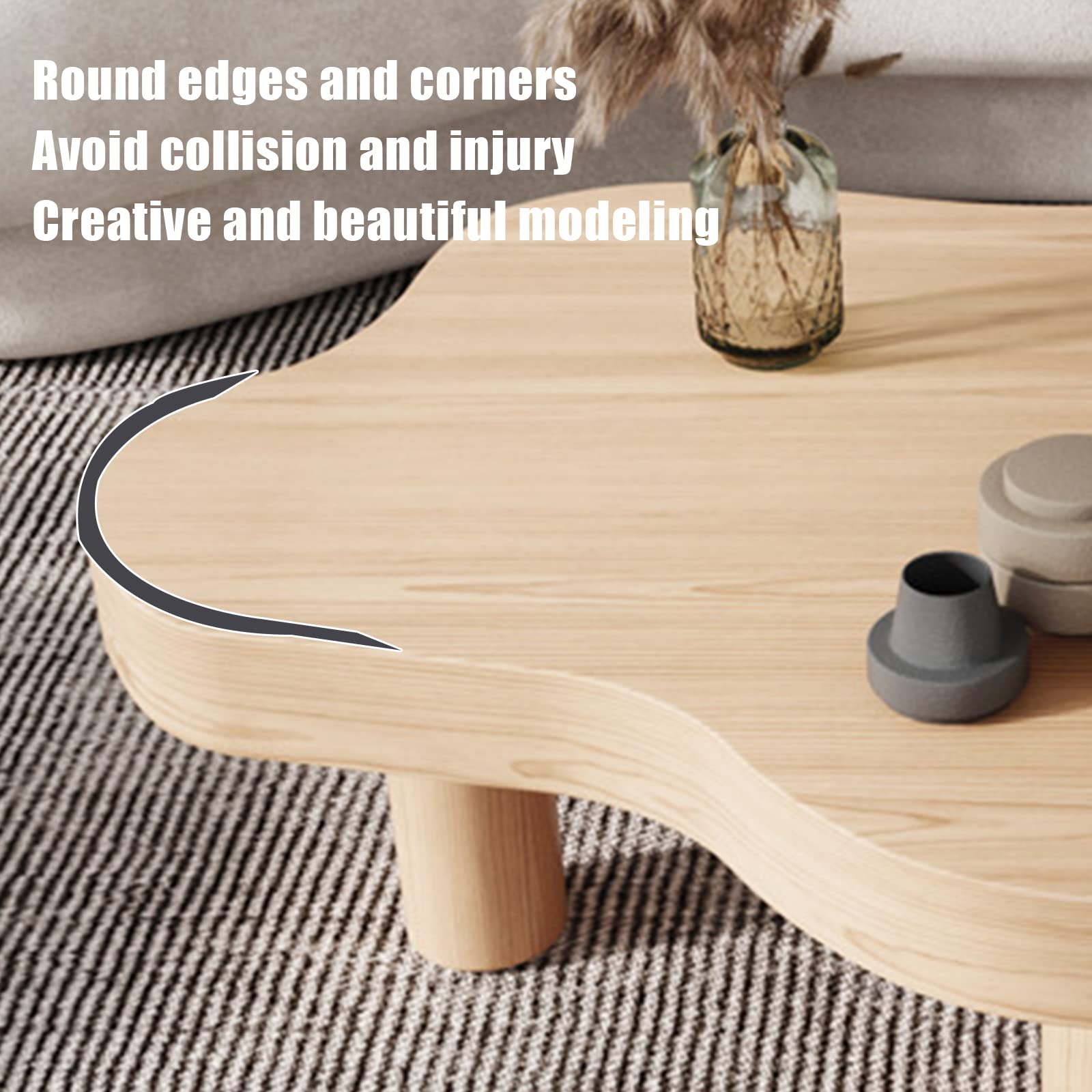 HM&DX Modern Cloud-Shaped Wood Coffee Table - Round Corner Thickened Accent Table with 3 Legs - Natural Wood Finish - 35.4
