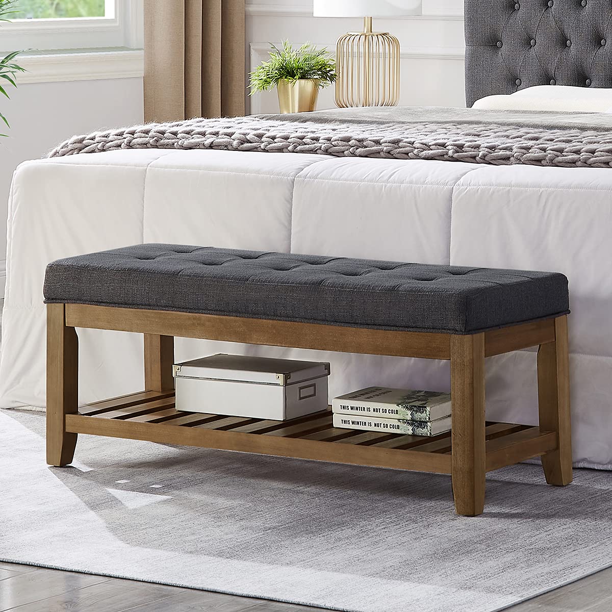 24KF Large Rectangular Upholstered Tufted Linen Fabric Ottoman Bench with Solid Wood Shelf - Charcoal Gray | Storage Footrest, Living Room Seating, Bedroom Decor