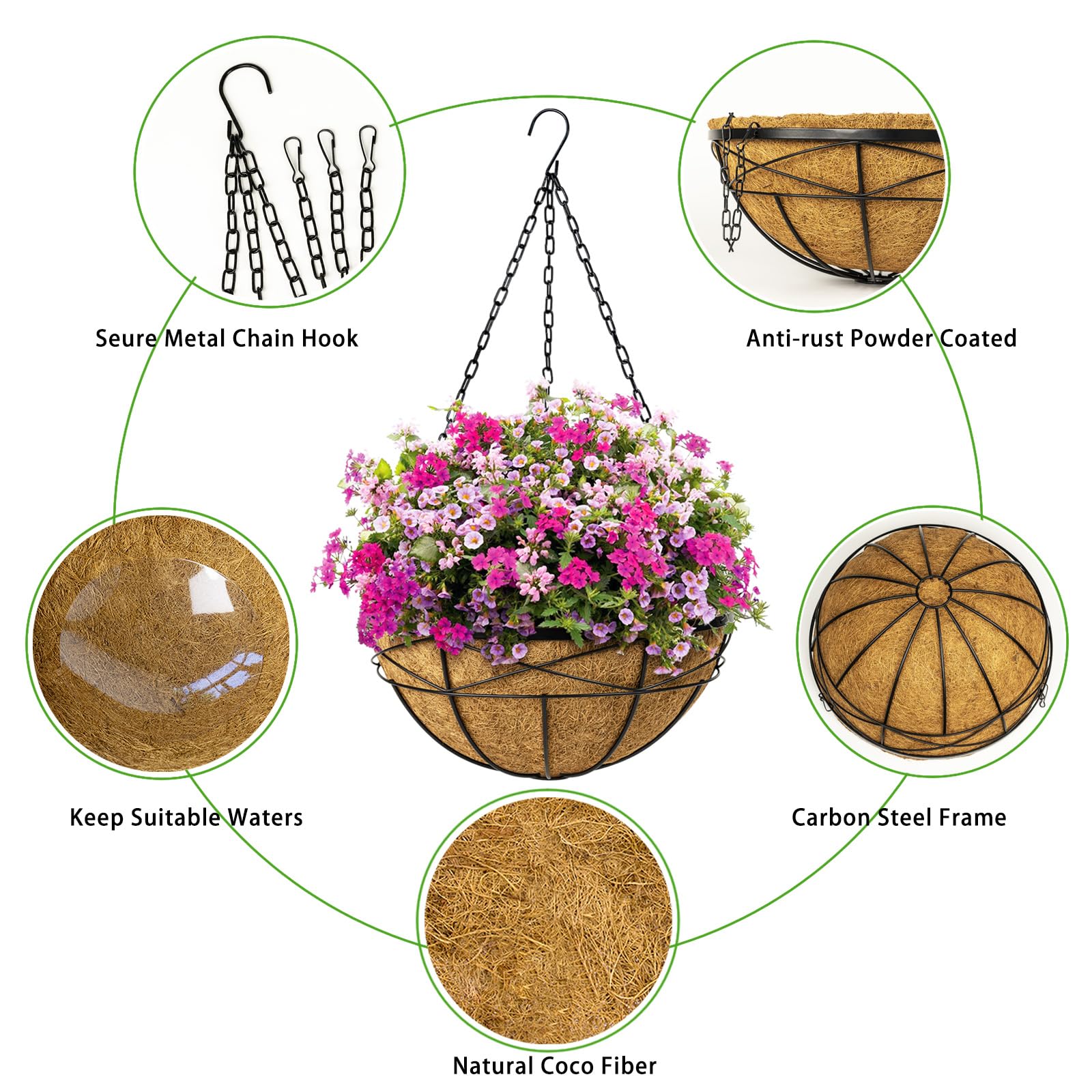 4 Pack 20 Inch Extra Large Deep Hanging Planters Baskets with Coconut Liner - Outdoor Flower Pots for Porch, Balcony & Garden Decor - Perfect for Ferns, Petunias & Vine Plants