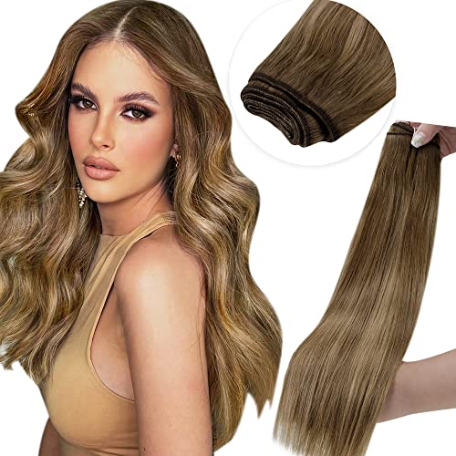 LaaVoo 100% Human Hair Extensions - #8/16/8 Balayage Light Brown to Golden Brown Highlights, 12 Inch Silk Straight Sew-In Weft (80g) for Short Hair | Perfect for Daily Wear, Parties & Special Occasions