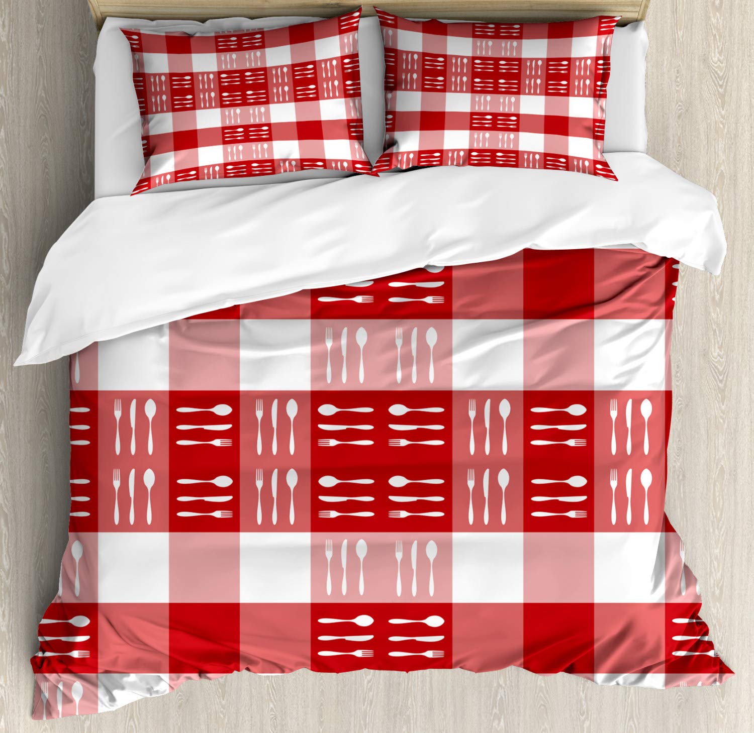 Ambesonne King Size Duvet Cover Set - 2 Pack Checkered Design with Cutlery Silhouettes, Coral Dark Coral White, Includes 2 Duvet Covers & 4 Pillowcases | Perfect for Dining Room, Picnic Themed Bedroom or Modern Home Decor
