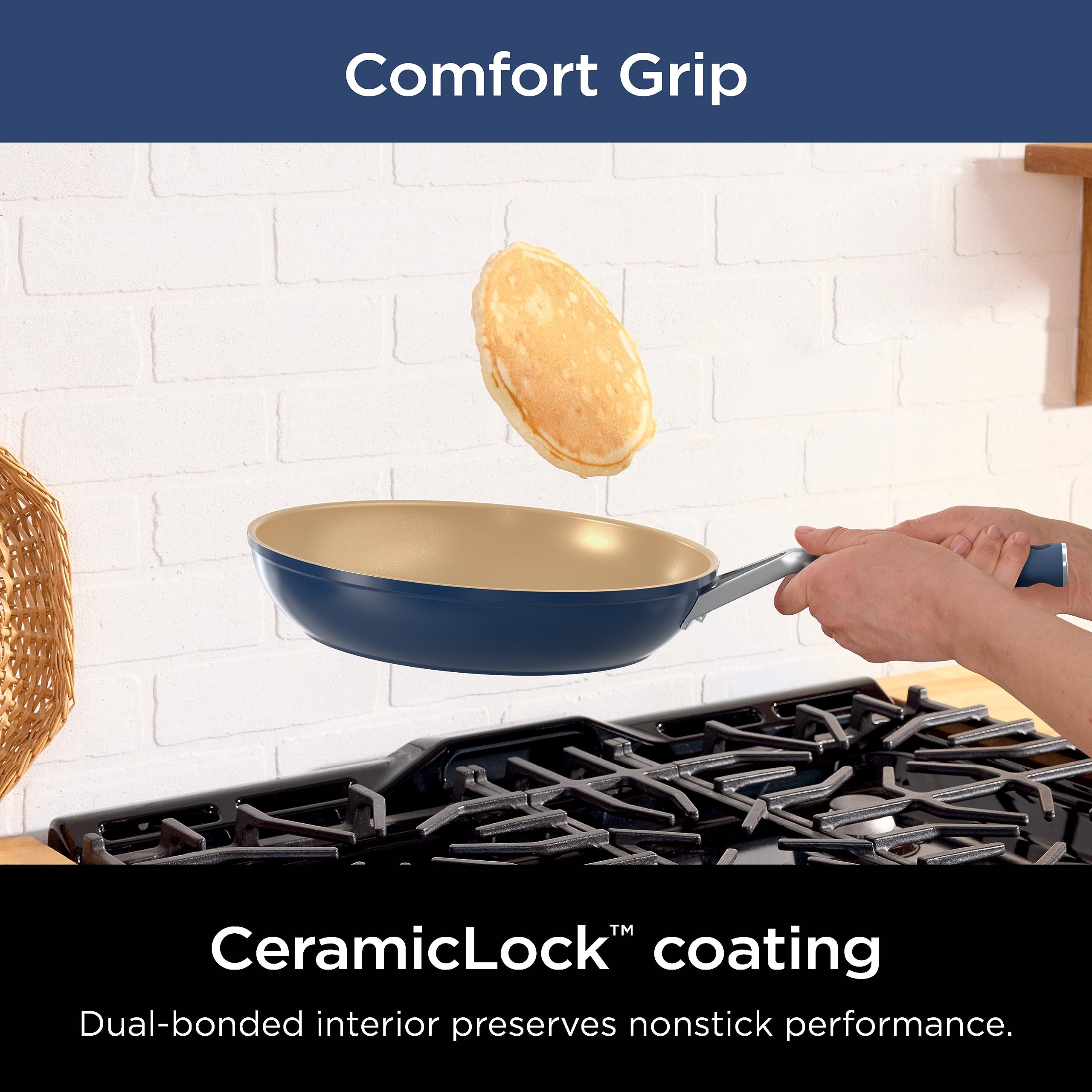 Ninja Ceramic Nonstick Cookware Set - 11-Piece PTFE-Free Kitchen Pots & Pans with Comfort Grip, Oven & Dishwasher Safe, Stovetop Compatible (Navy Blue, CW49011) - Perfect for Healthy Cooking, Frying, Boiling & Baking