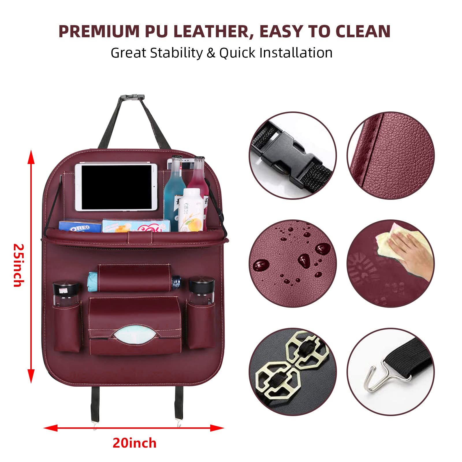 Upgraded Car Seat Back Protector & Kick Mats for Kids - Anti-Kick PU Leather Backseat Organizer with Storage Pockets & Tablet Holder - Wine Red - Perfect for Family Road Trips & Child Safety