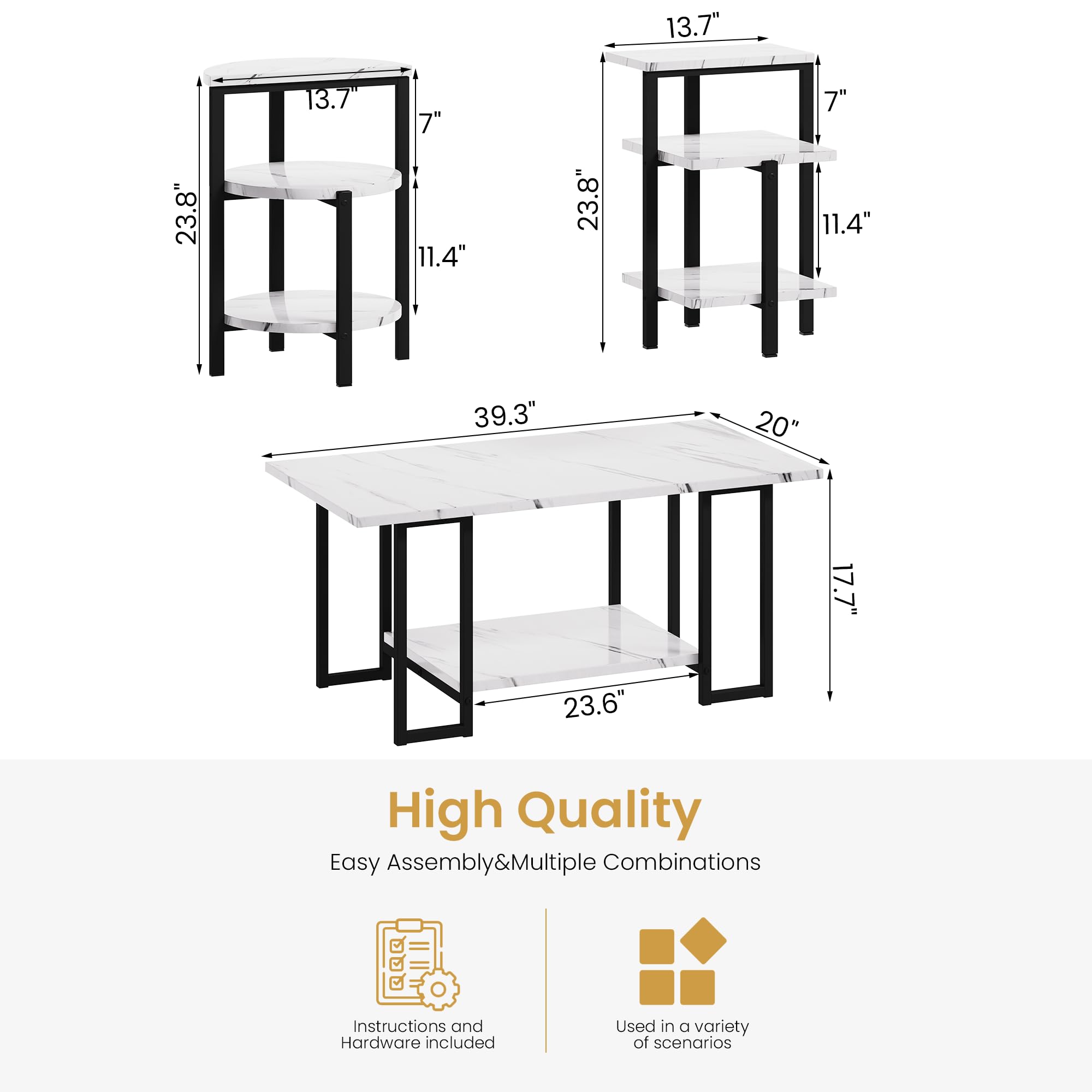 3-Piece Faux Marble Coffee Table Set - White Tabletop & Black Metal Frame Living Room Tables (Coffee Table + 2 End Tables) - Perfect for Modern Apartments, Small Spaces & Lounge Areas