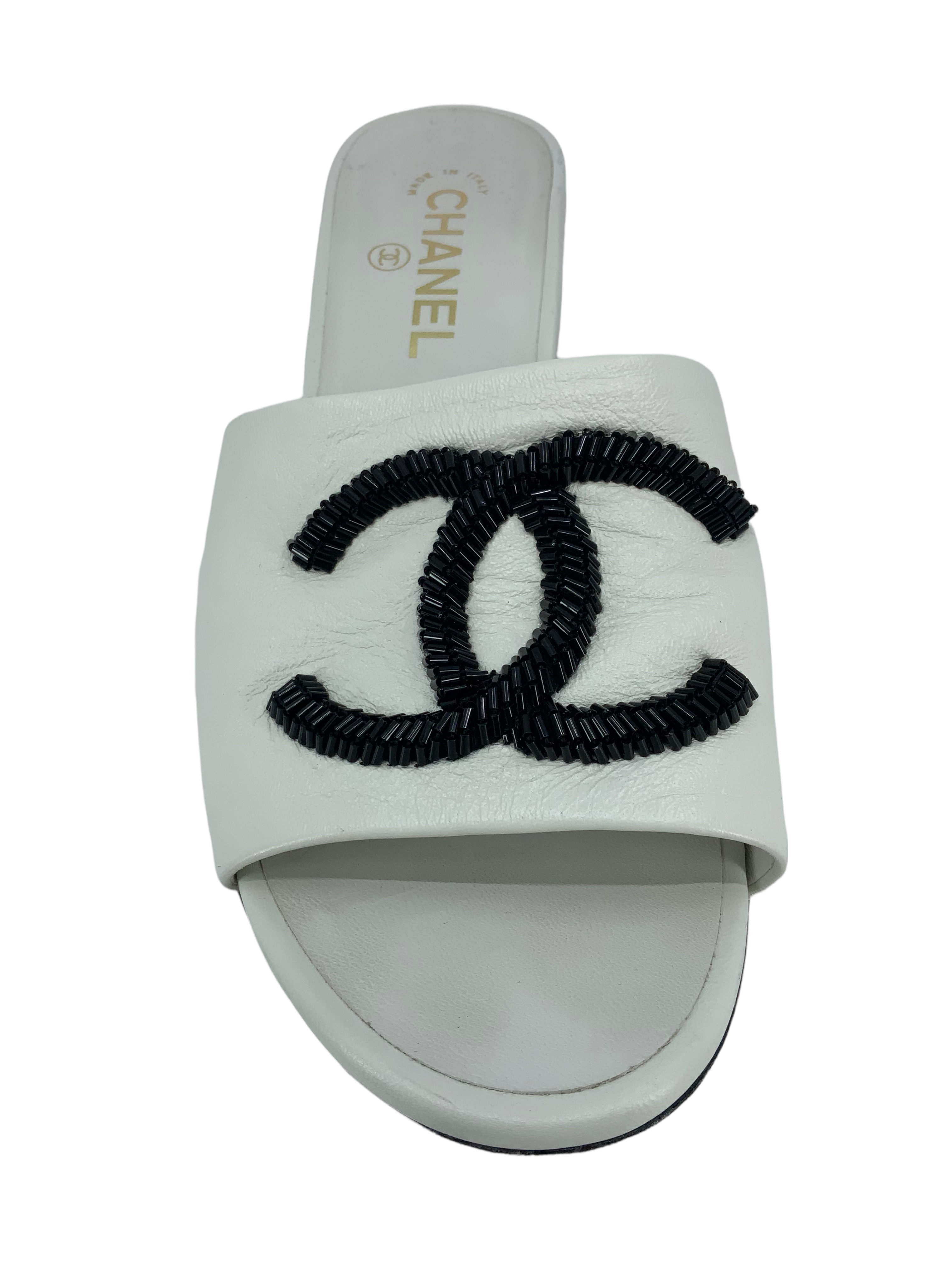 CHANEL Lambskin Beaded CC Mule Sandals for Women - Size 9.5 | Luxury Designer Slides with Crystal Embellishments | Perfect for Summer Weddings, Beach Vacations & Evening Parties