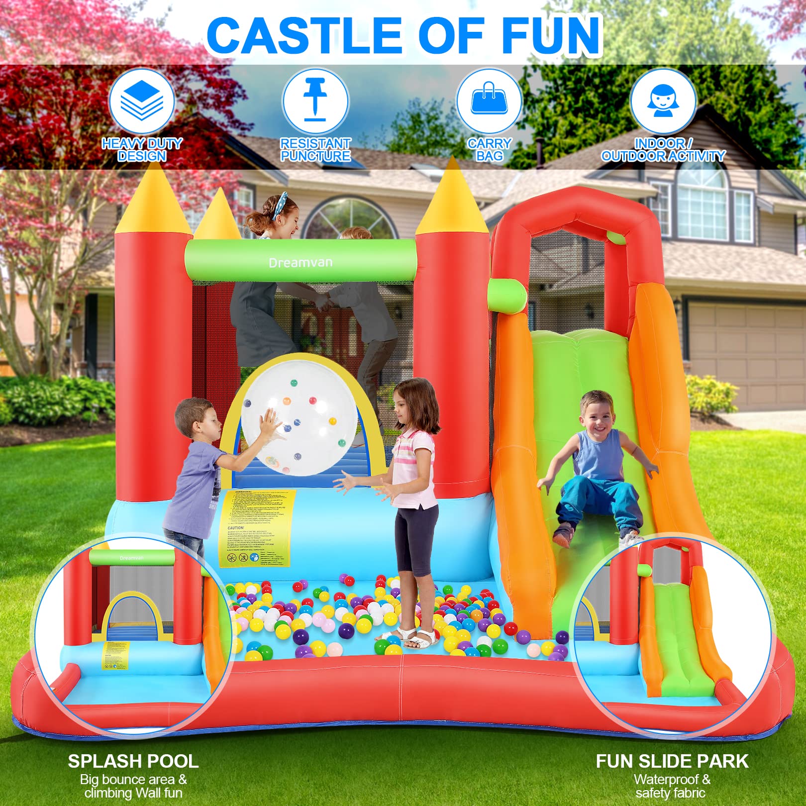 Inflatable Bounce House for Kids 3-12 - Outdoor/Indoor Bouncy Castle with Blower, Water Slide, Climbing Wall & Ball Pit - 146
