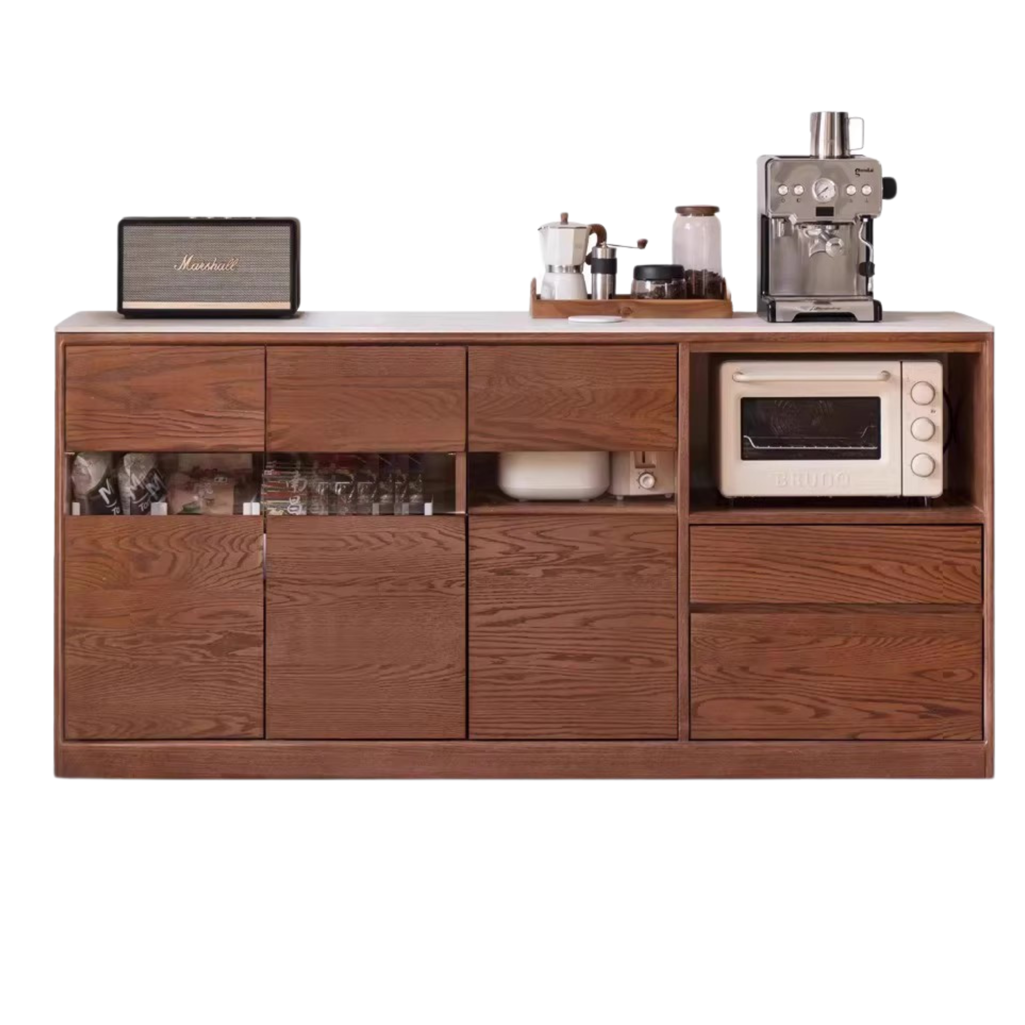Oak Solid Wood Nordic Sideboard with Slate Top - Modern Buffet Cabinet for Dining Room, Living Room & Entryway Storage