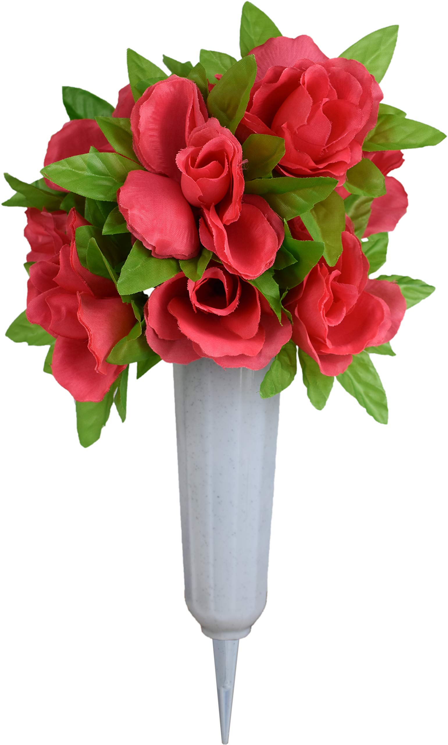 2-Pack Pink Artificial Rose Bouquets in White Cemetery Vases - Elegant Floral Arrangement for Graves, Memorials & Home Decor (Pink Roses with White Vase) - Perfect for Funerals, Cemeteries, Sympathy Gifts & Table Centerpieces