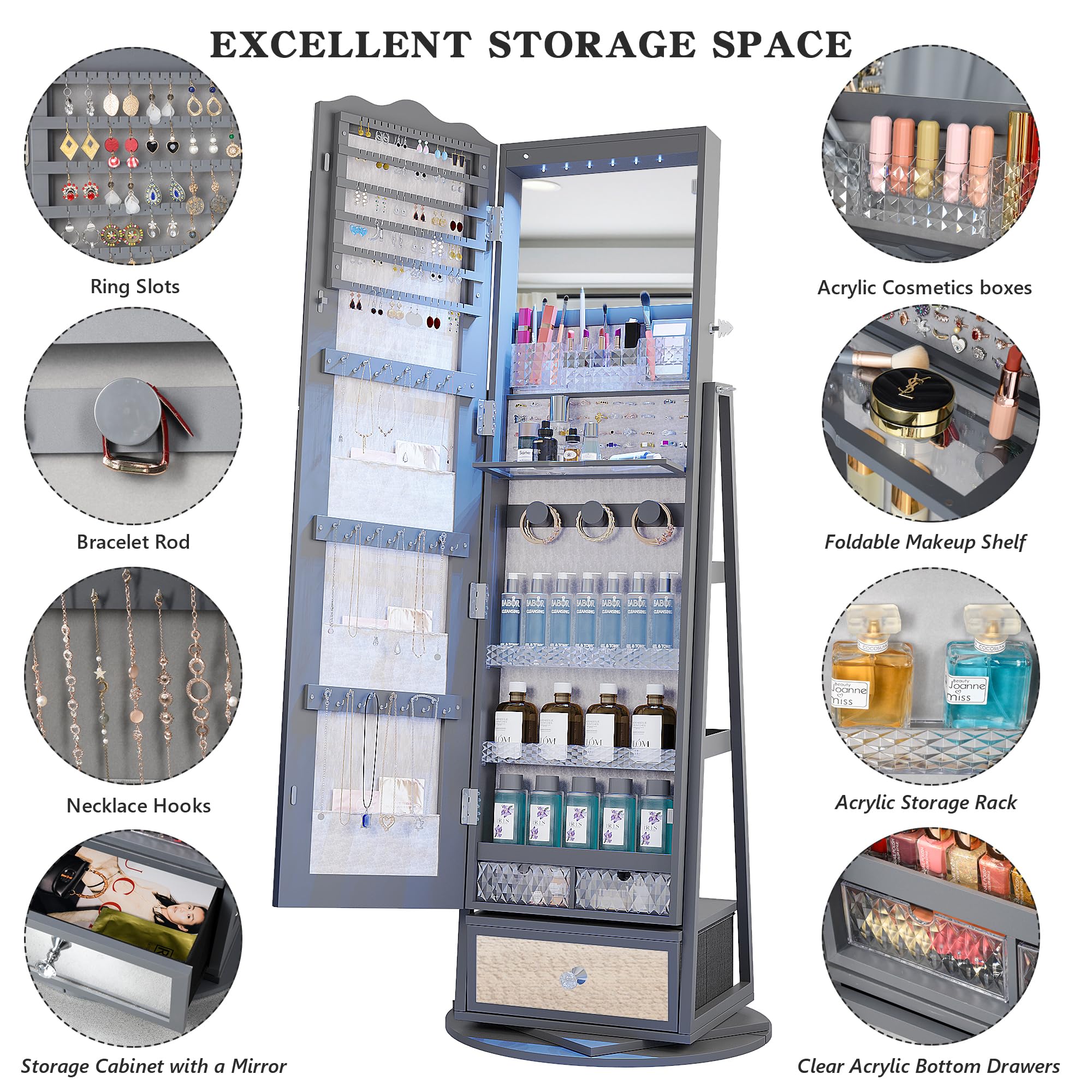 360° Rotating LED Jewelry Armoire with Full-Length Mirror - Large Capacity Jewelry Organizer with Lights & Lock - Floor Standing Mirror Cabinet with Storage Shelves for Bedroom, Cloakroom - Perfect for Organizing Necklaces, Rings & Accessories in Walk-In Closets or Dressing Rooms