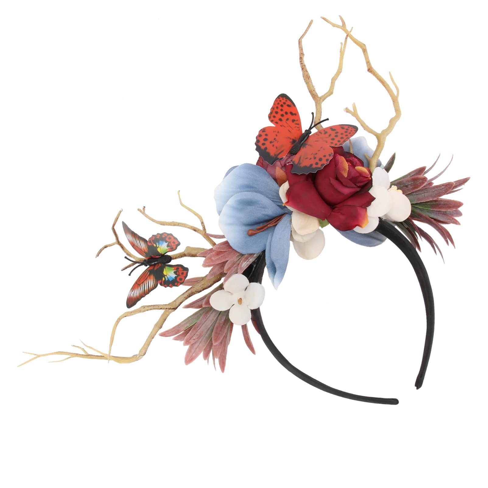PRETYZOOM Christmas Reindeer Antler Headband with Simulated Flowers & Butterflies - Elegant Floral Hair Hoop for Women, Holiday Party, Masquerade, Cosplay, and Festive Photo Props