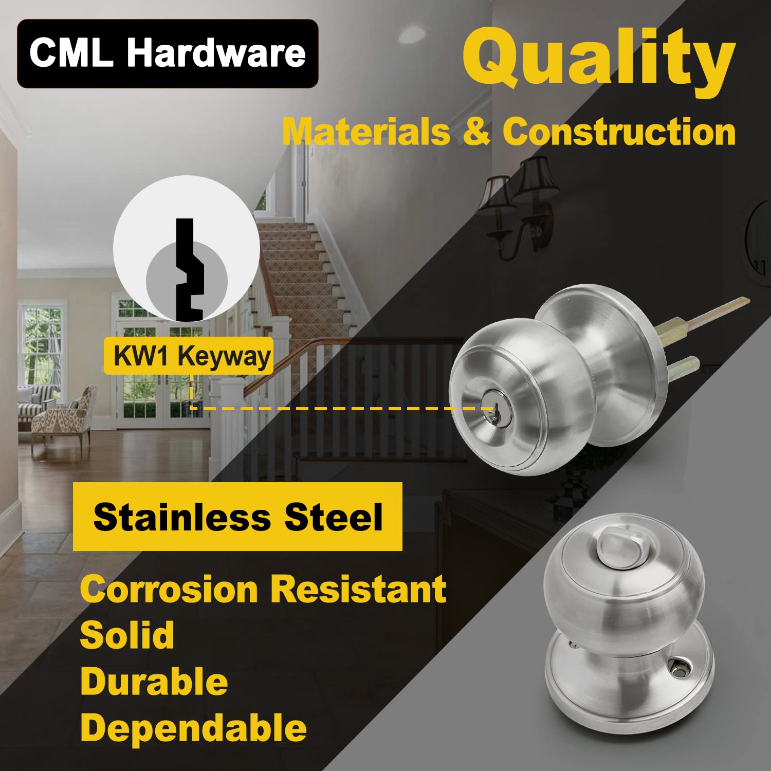 3-Pack Stainless Steel Keyed Alike Door Knob Set - Secure Entry & Front Door Locks for Home Safety
