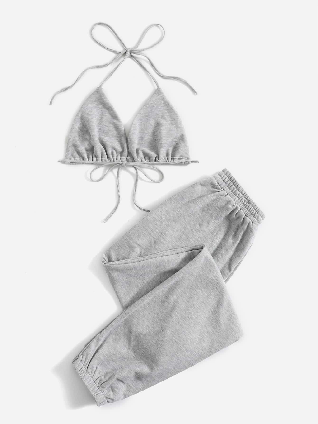 XENIS Women's 2 Piece Casual Outfit Set - Solid Color Crop Halter Top & High Waist Sweatpants | Lounge Wear, Yoga, Running, Travel & Street Fashion