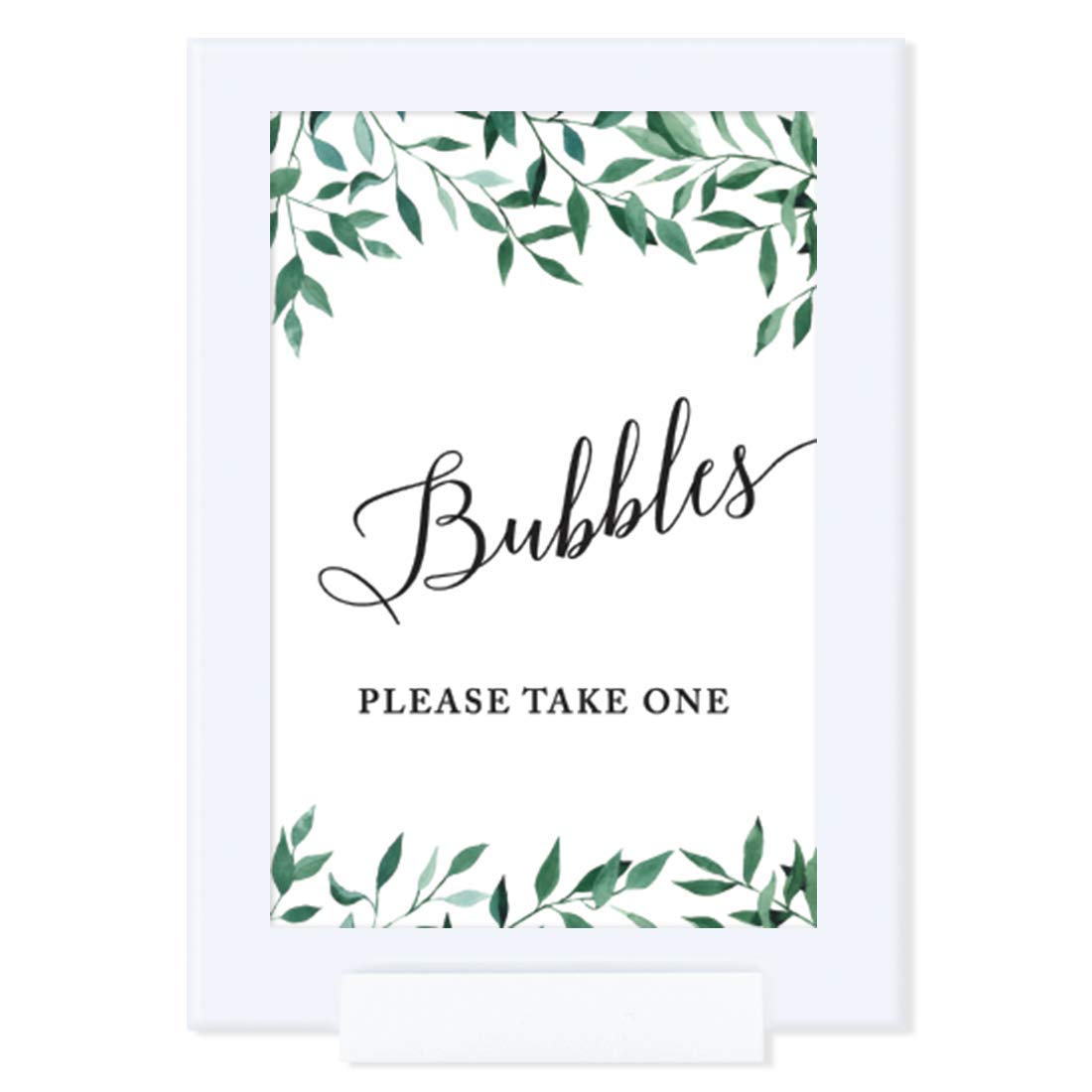 4x6 Inch Andaz Press Framed Wedding Party Sign - Natural Greenery Leaves Design - Bubbles Please Take One Sign - 1-Pack with Reusable Photo Frame - Perfect for Wedding Receptions, Bridal Showers & Anniversary Celebrations
