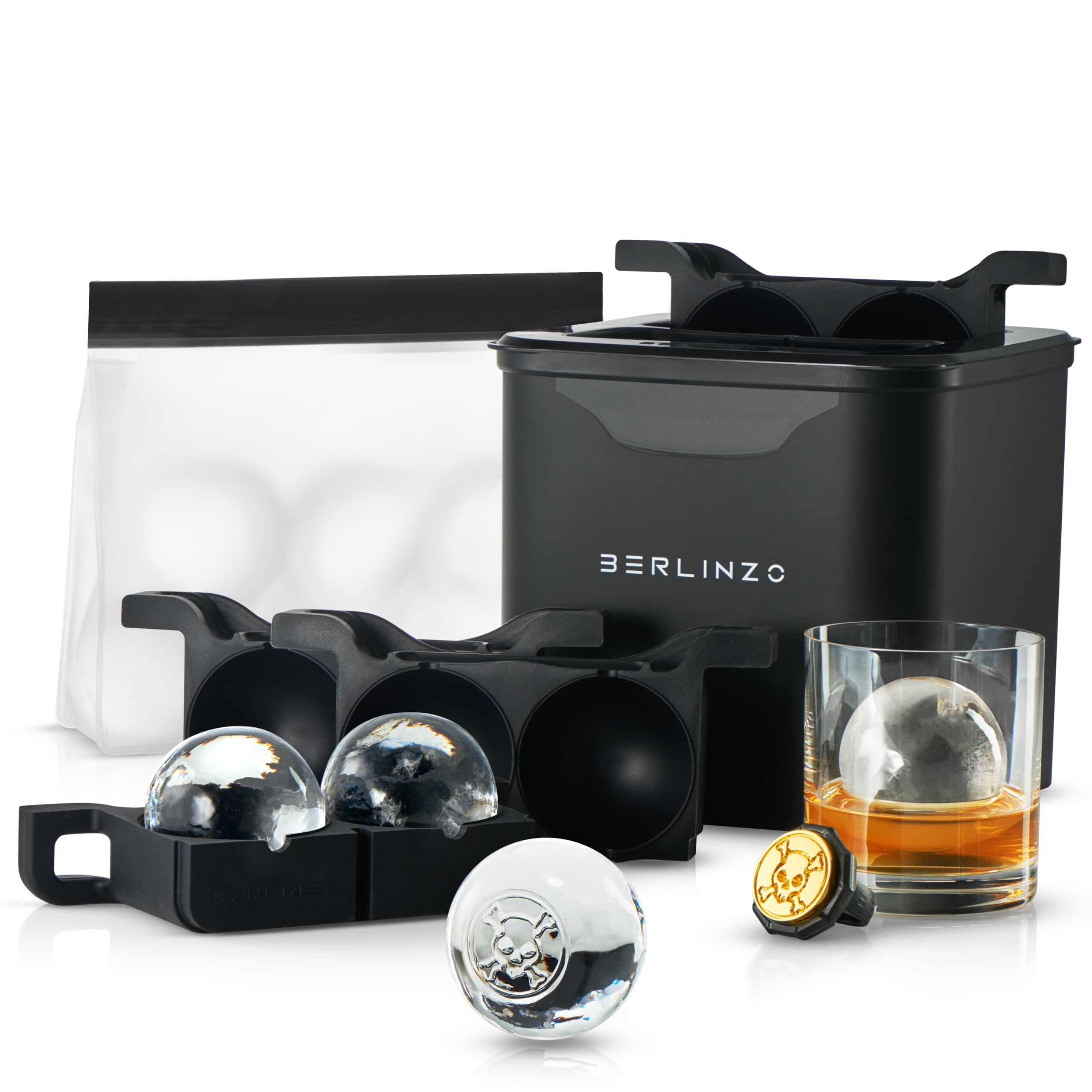Berlinzo Premium Clear Ice Ball Maker Mold - 4 Large 2.4-inch Crystal Clear Ice Spheres for Whiskey, Bourbon & Cocktails | Easy-to-Remove Silicone Mold with Storage Bag & Ice Press Stamp Ring | Perfect for Home Bars, Parties & Gifts (Black)