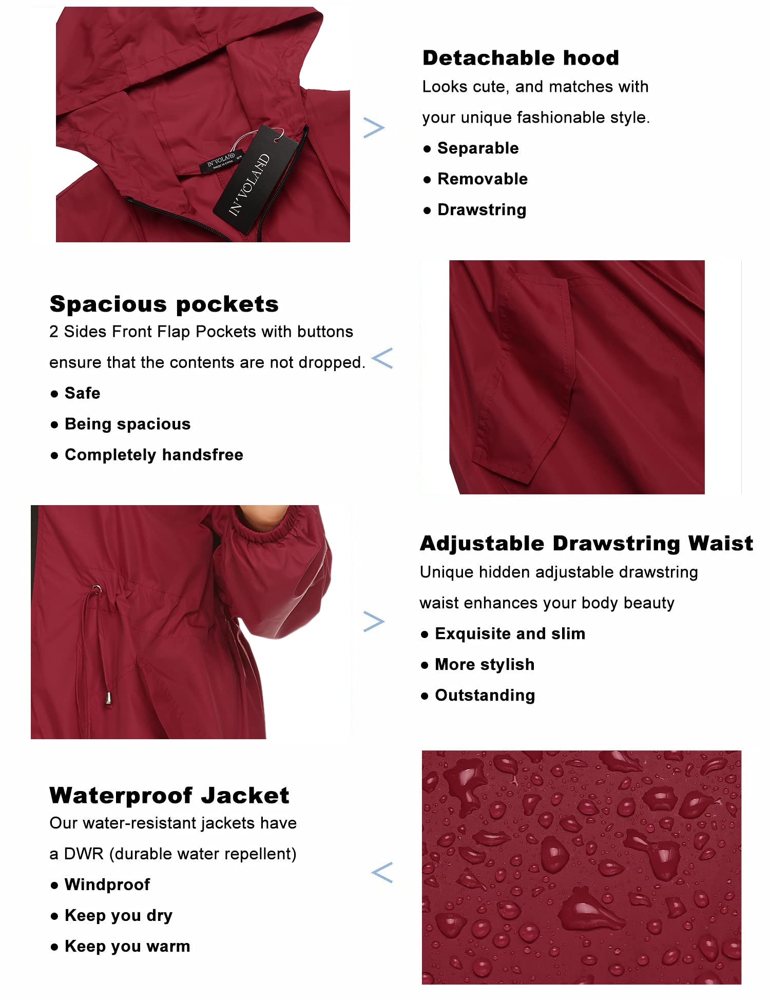 IN'VOLAND Women's Waterproof Rain Jacket - Plus Size Long Hooded Windbreaker with Pockets | Lightweight Raincoat for Outdoor Activities, Commuting & Travel