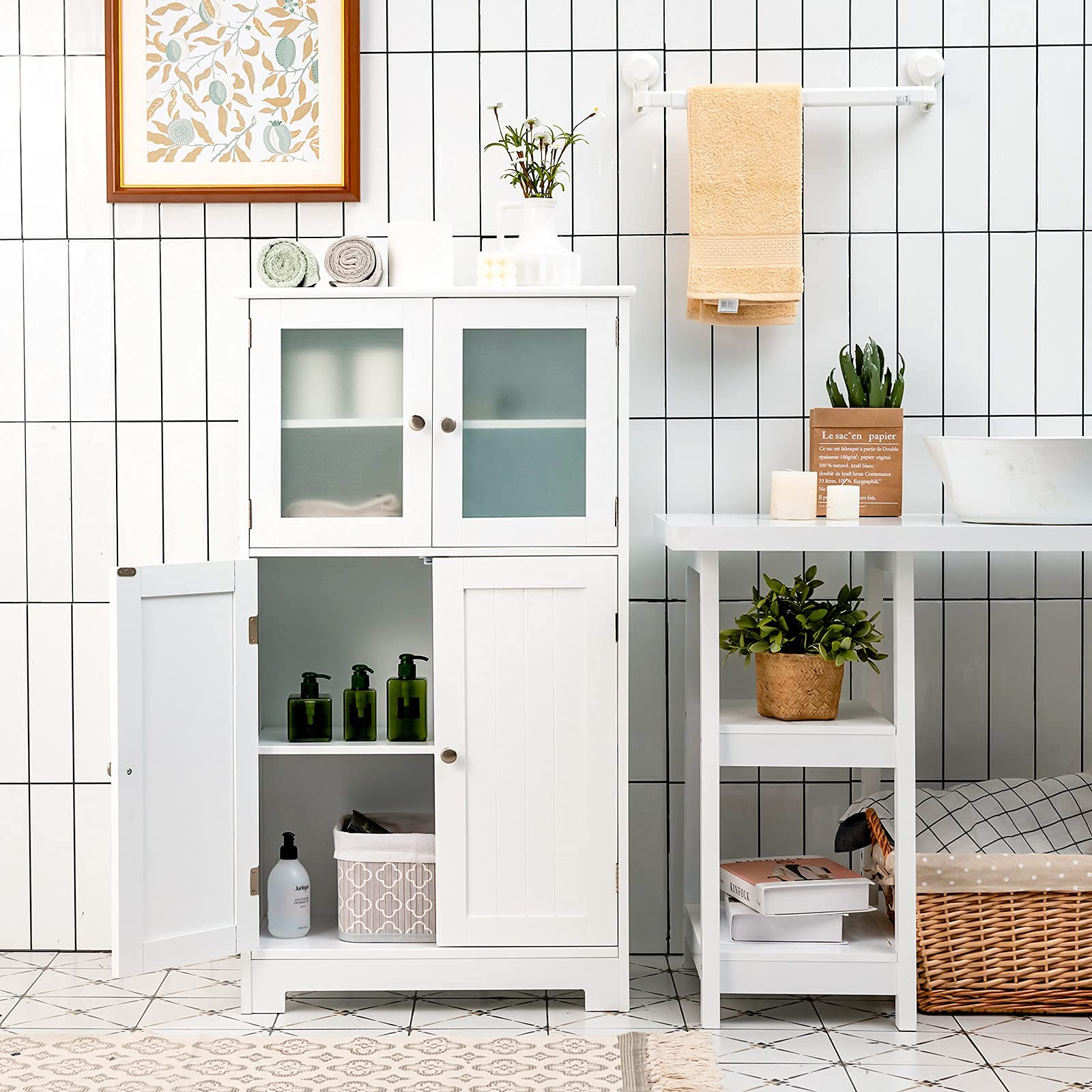 Tangkula Freestanding Bathroom Floor Cabinet with Glass Doors - Adjustable Shelf Wood Storage Cabinet for Bathroom, Kitchen, Hallway, Living Room & Office - Perfect for Organizing Towels, Toiletries & Home Decor (White)